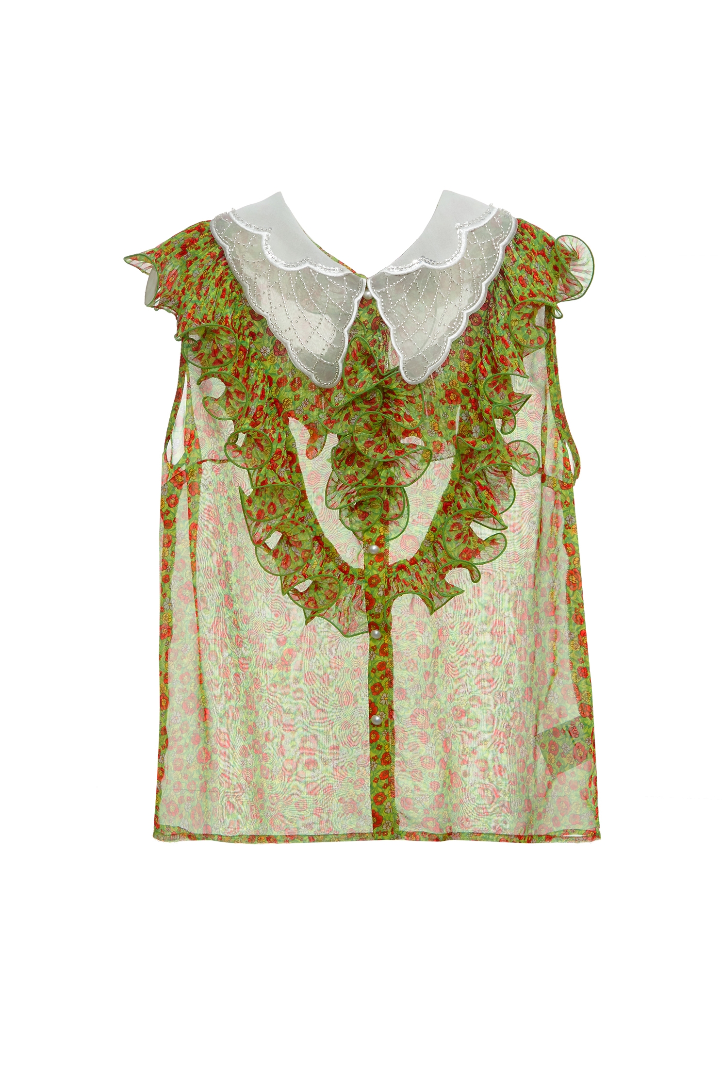 Ruffle Detail Floral Print Chiffon VestRuffle Detail Floral Print Chiffon Vest,sleeveless tops,Tops,Season (SS) Look,pearl,City Feminine,sleeveless tops,Chiffon
