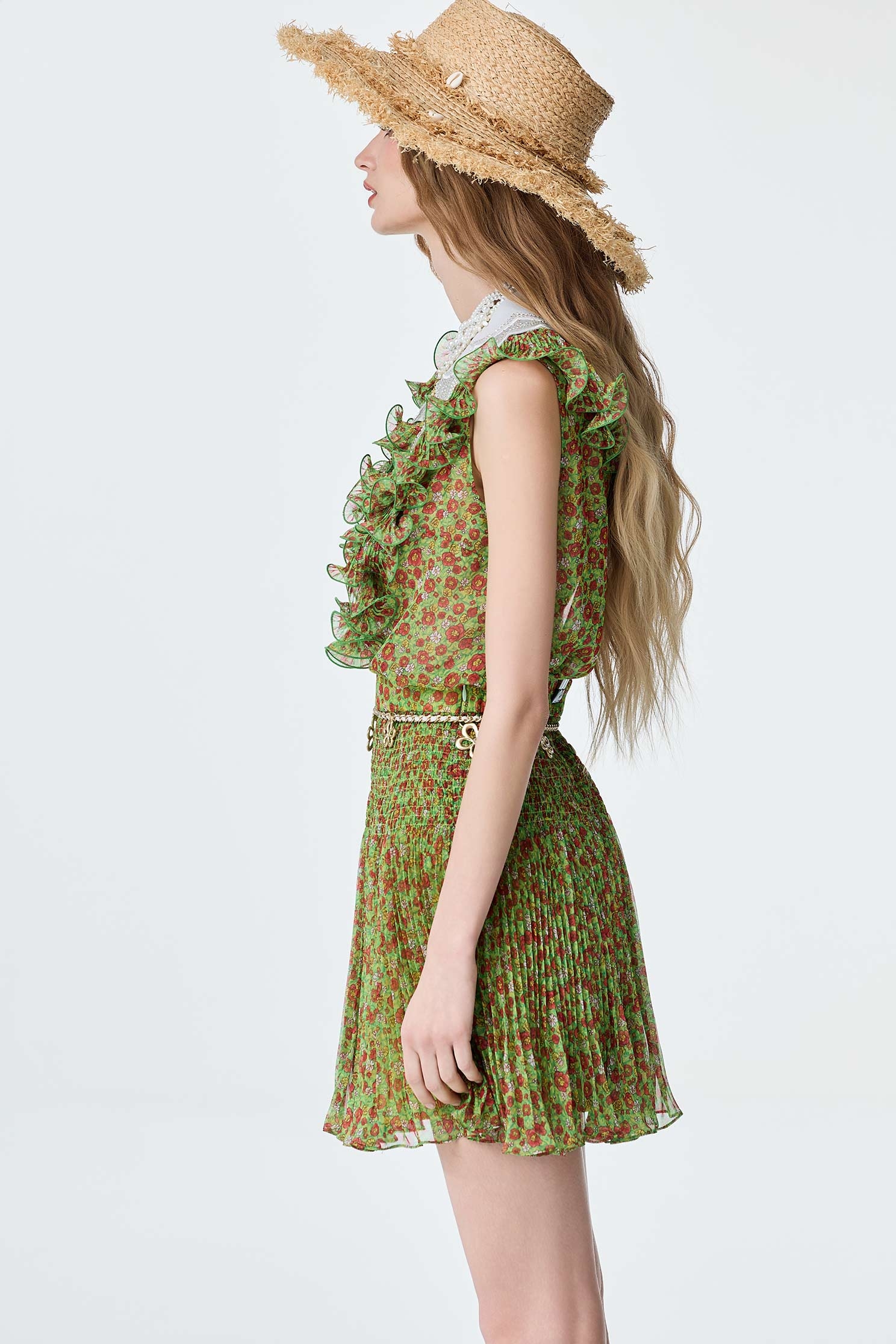 Ruffle Detail Floral Print Chiffon VestRuffle Detail Floral Print Chiffon Vest,sleeveless tops,Tops,Season (SS) Look,pearl,City Feminine,sleeveless tops,Chiffon