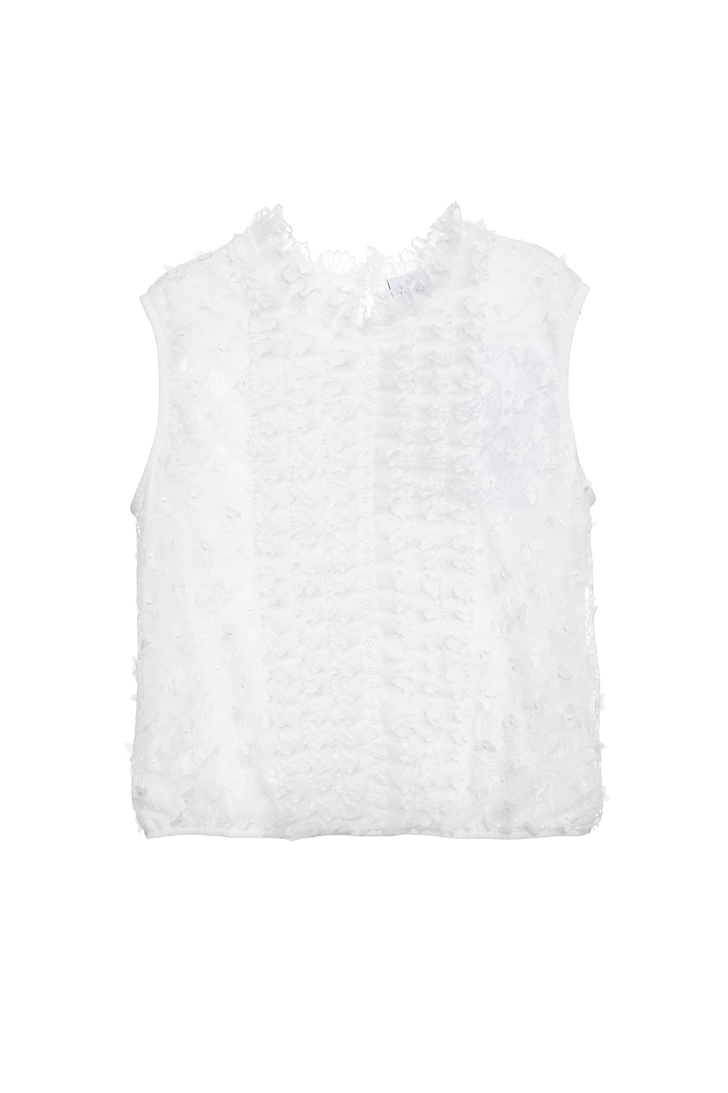 Butterfly Detail Ruffle Lace VestButterfly Detail Ruffle Lace Vest,sleeveless tops,Tops,Embroidered,Season (SS) Look,City Feminine,White tops,sleeveless tops,Lace