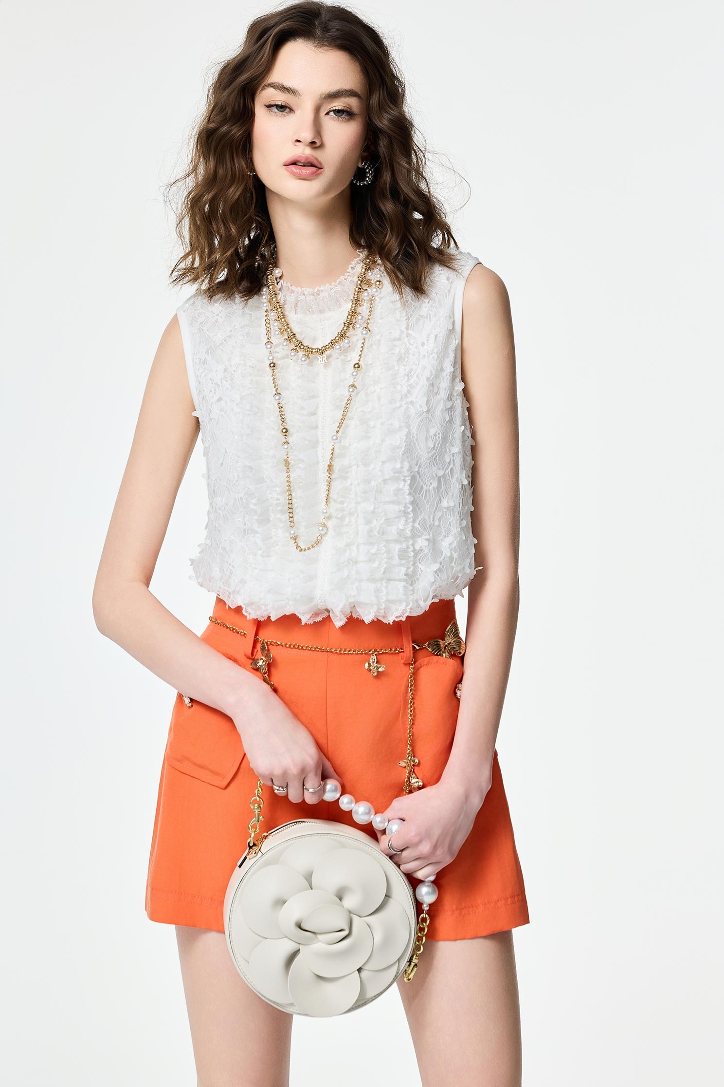 Butterfly Detail Ruffle Lace VestButterfly Detail Ruffle Lace Vest,sleeveless tops,Tops,Embroidered,Season (SS) Look,City Feminine,White tops,sleeveless tops,Lace