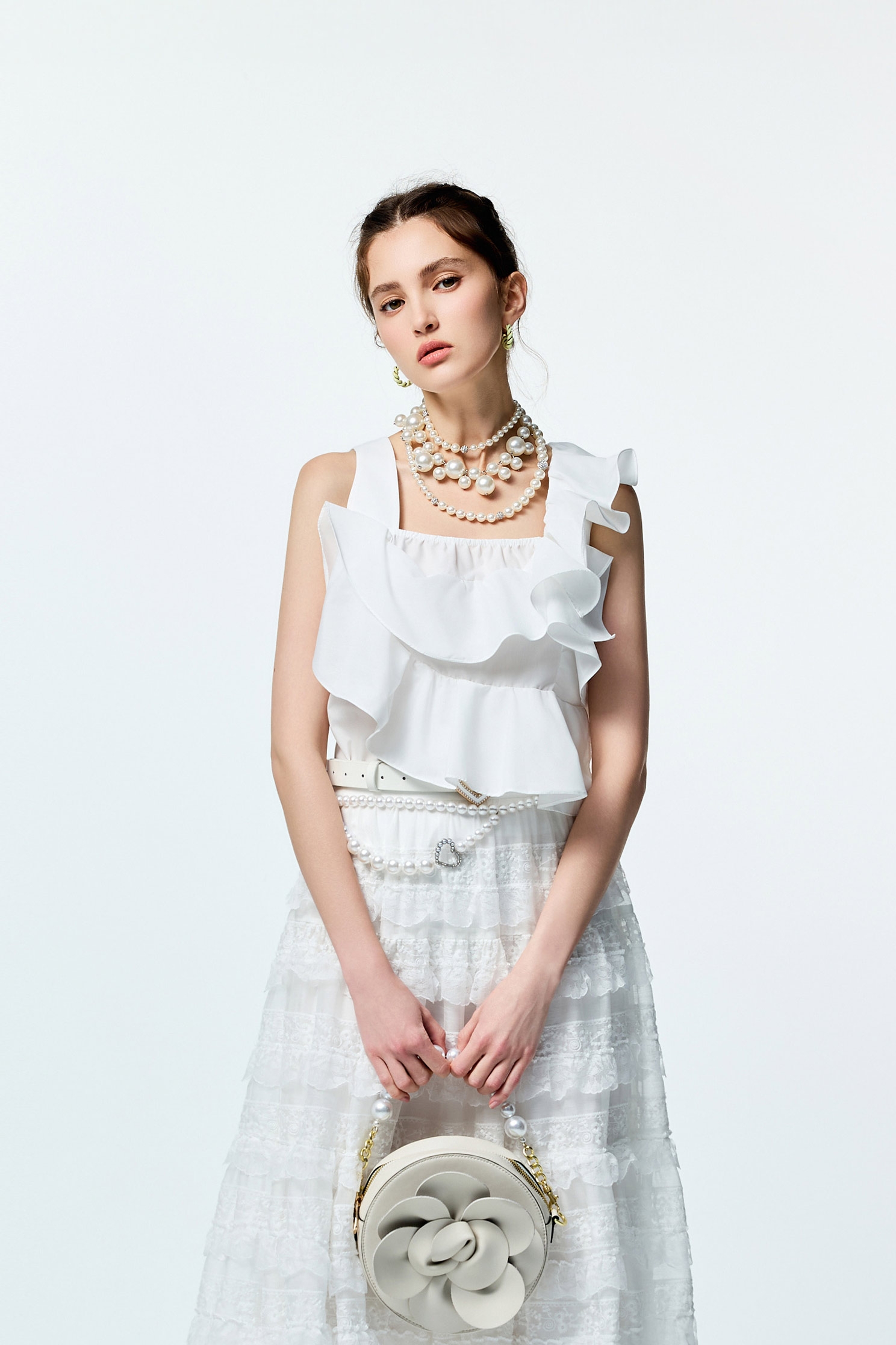 Asymmeric Ruffle Detail VestAsymmeric Ruffle Detail Vest,sleeveless tops,Tops,Season (SS) Look,City Feminine,White tops,sleeveless tops