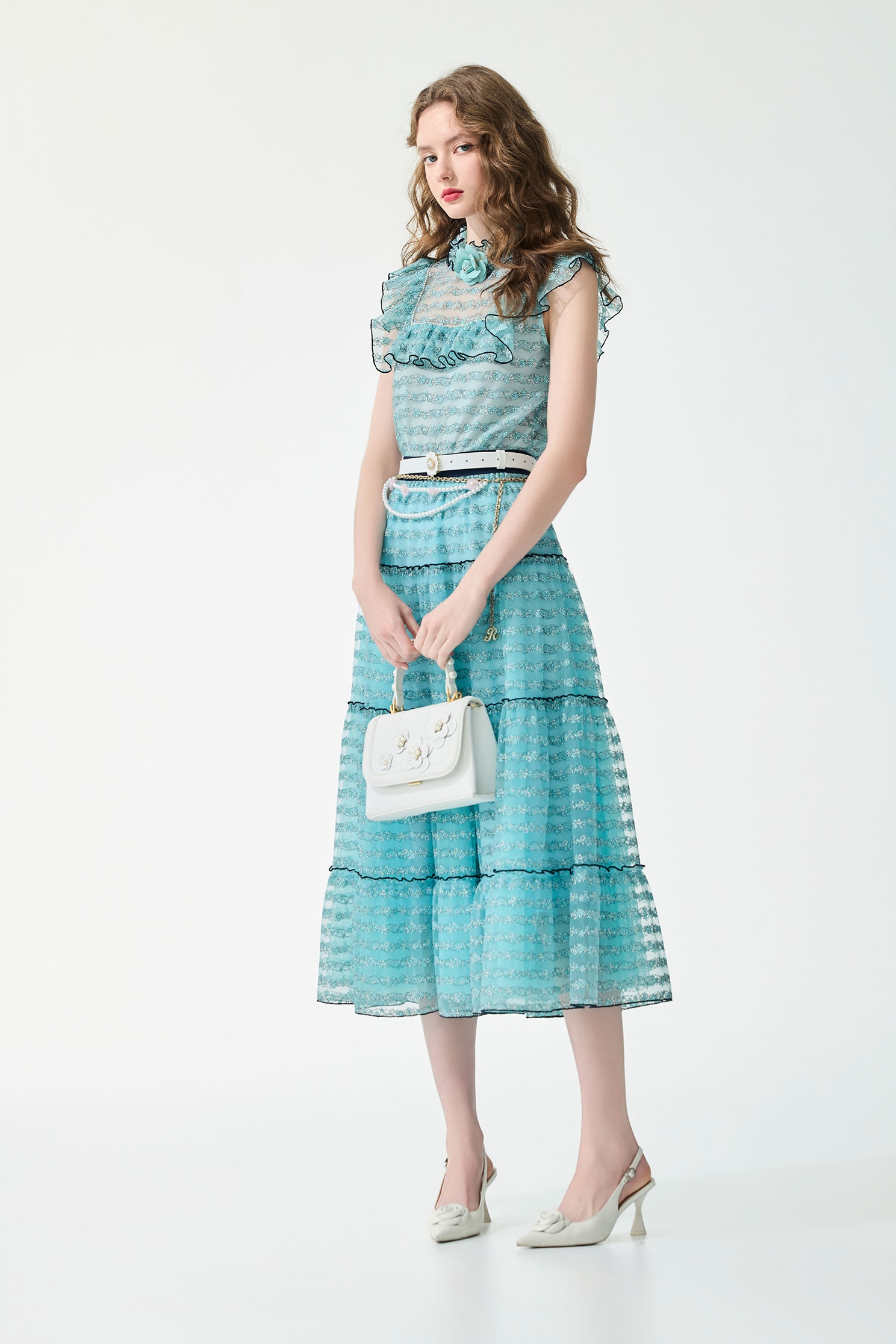 Ice Blue Floral Lace Detail Ruffle Vest,sleeveless tops,Tops,Season (SS) Look,pearl,sleeveless tops,Lace