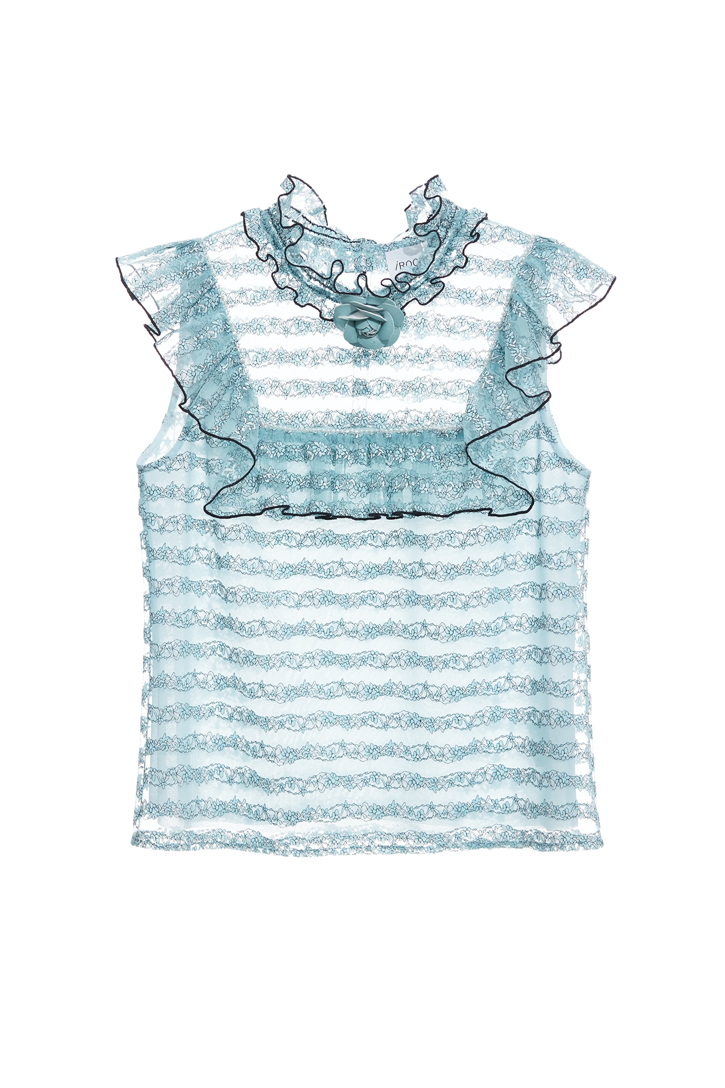 Ice Blue Floral Lace Detail Ruffle Vest,sleeveless tops,Tops,Season (SS) Look,pearl,sleeveless tops,Lace