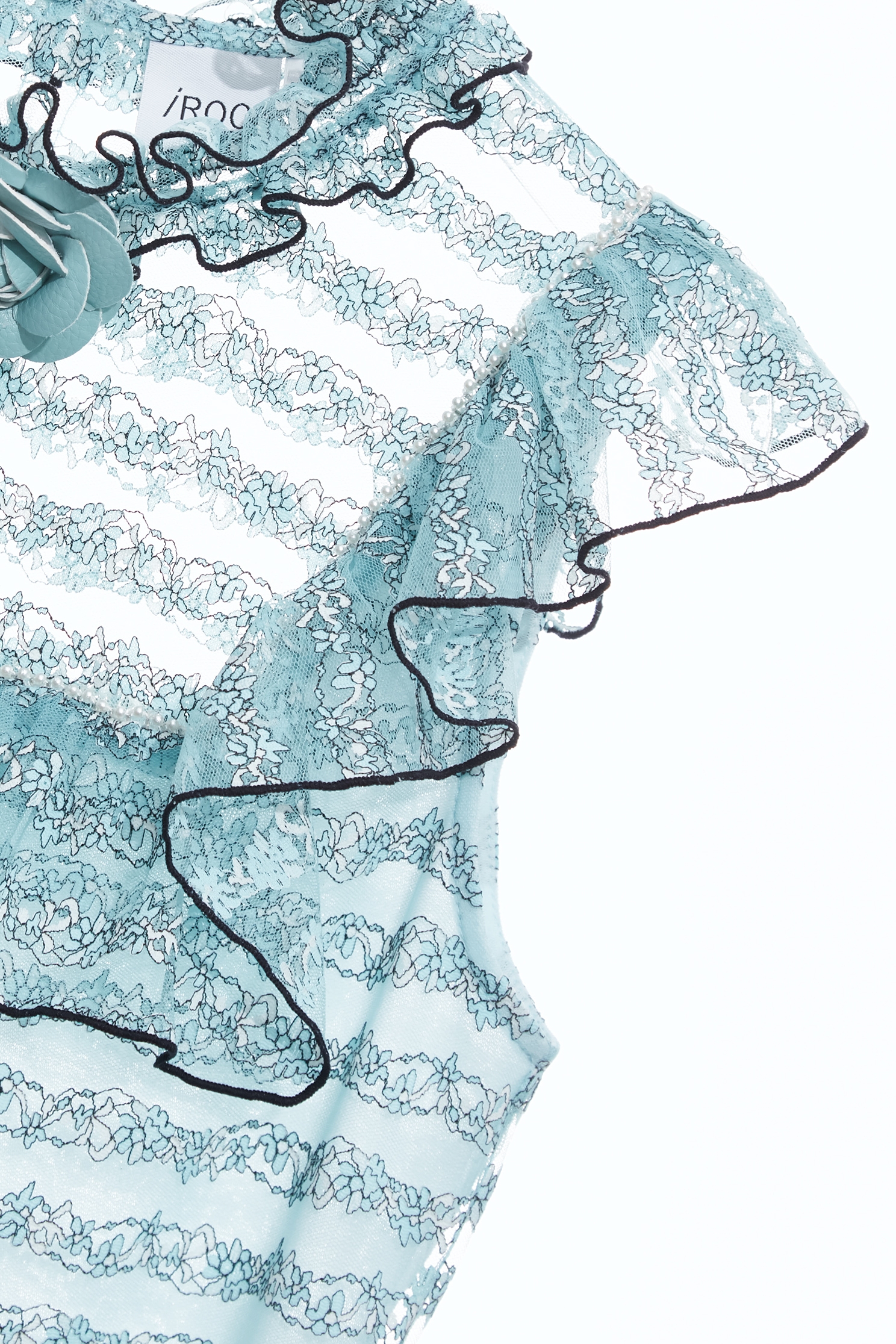 Ice Blue Floral Lace Detail Ruffle Vest,sleeveless tops,Tops,Season (SS) Look,pearl,sleeveless tops,Lace