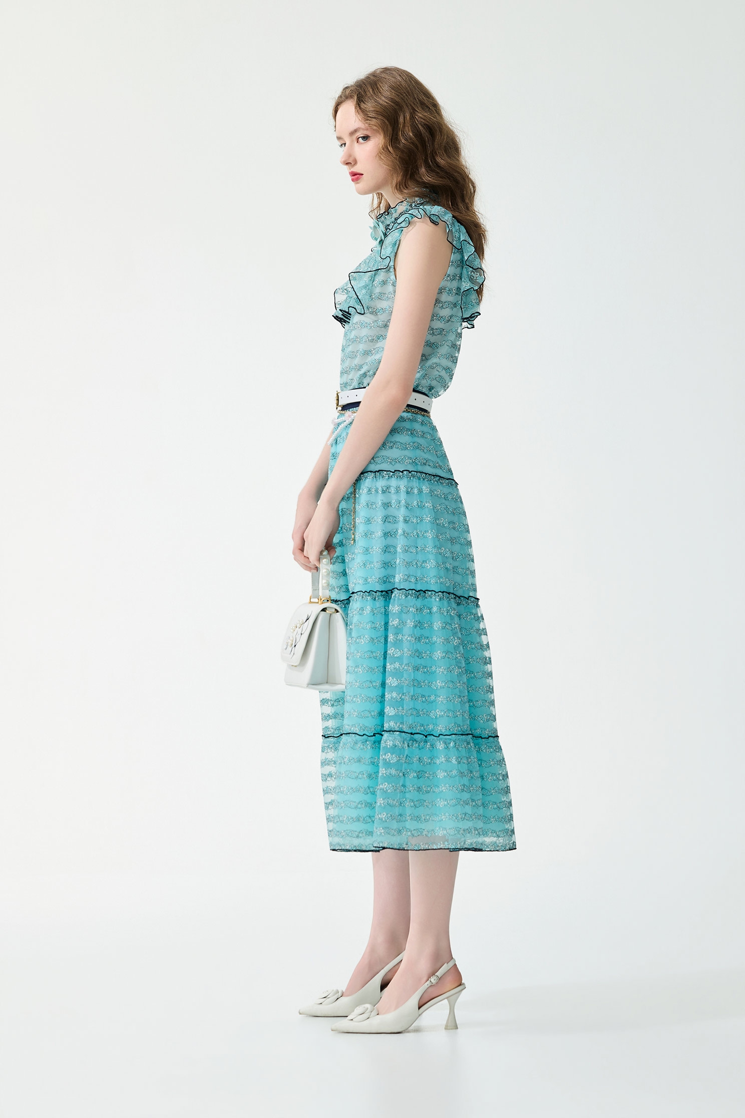 Ice Blue Floral Lace Detail Ruffle Vest,sleeveless tops,Tops,Season (SS) Look,pearl,sleeveless tops,Lace