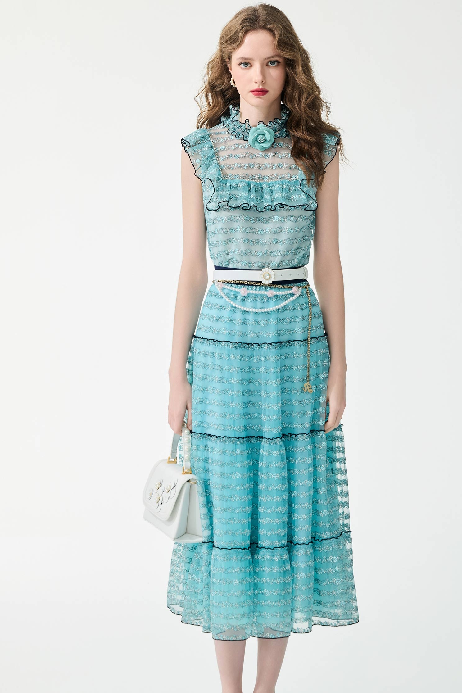 Ice Blue Floral Lace Detail Ruffle Vest,sleeveless tops,Tops,Season (SS) Look,pearl,sleeveless tops,Lace