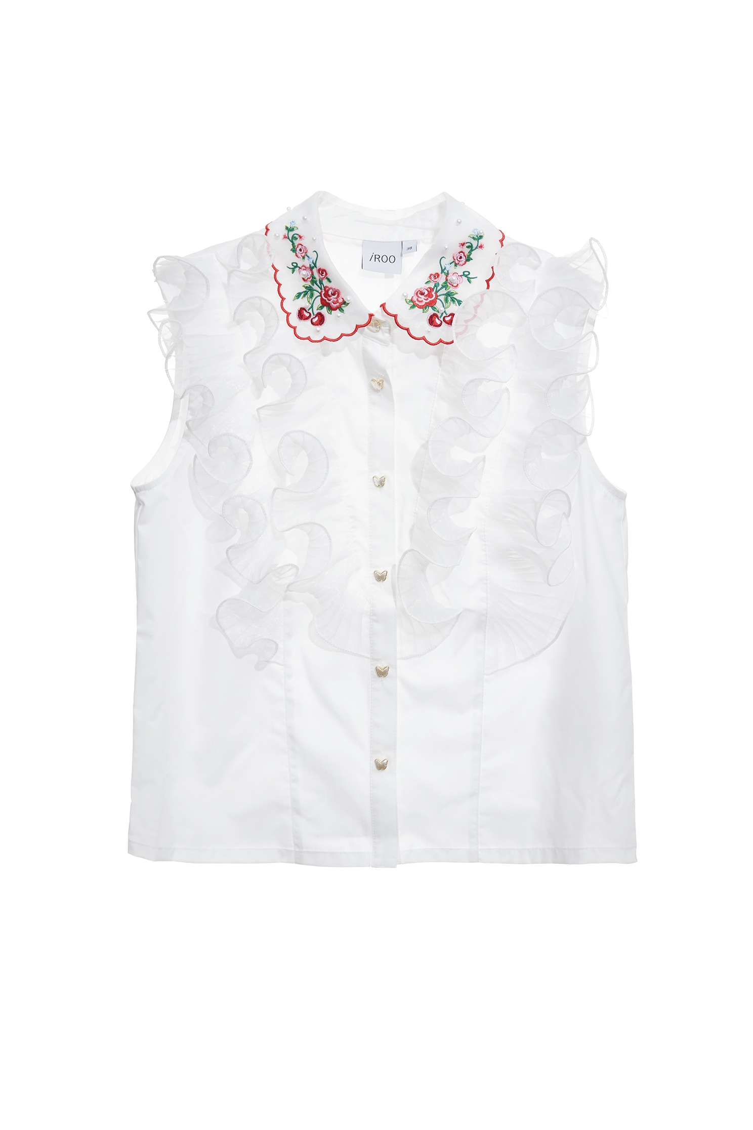 Cherry Embroidery Collar Ruffle Vest,sleeveless tops,Tops,Embroidered,Season (SS) Look,pearl,White tops,sleeveless tops