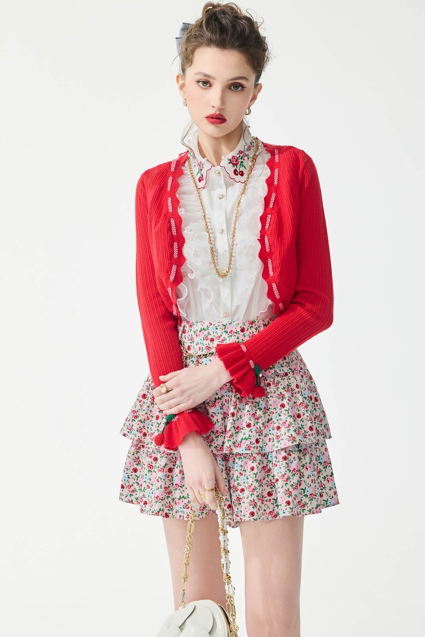 Cherry Embroidery Collar Ruffle Vest,sleeveless tops,Tops,Embroidered,Season (SS) Look,pearl,White tops,sleeveless tops