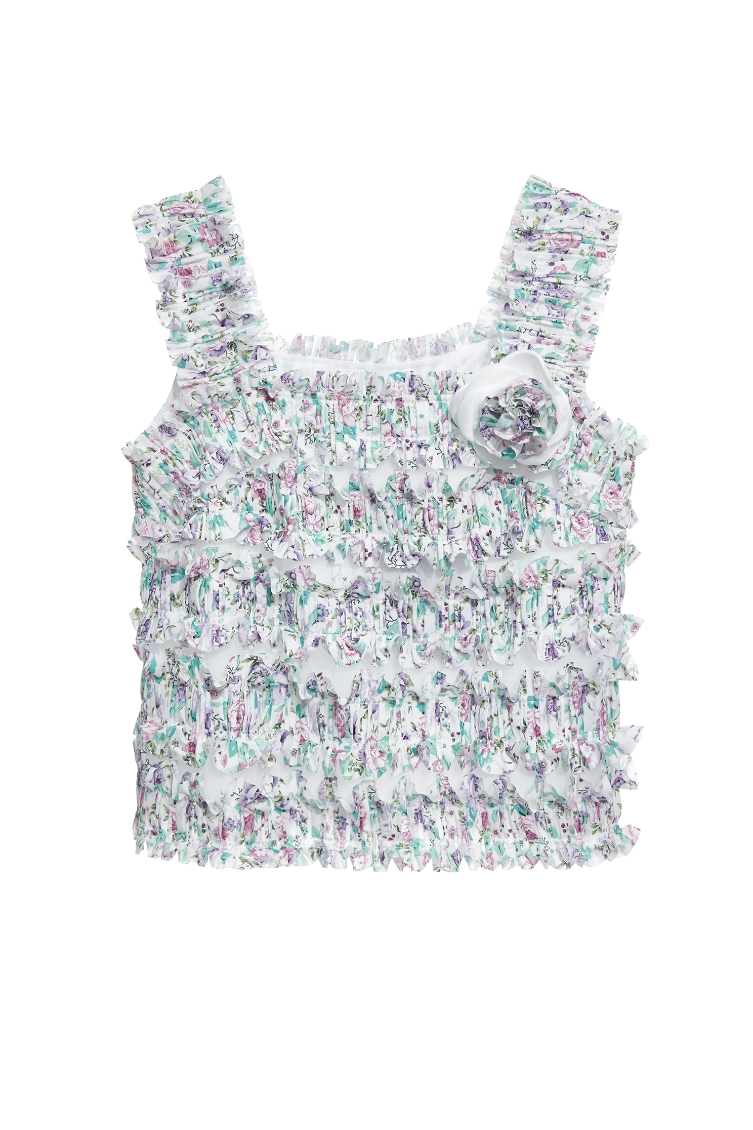 Pleated Ruffle Layer Floral Print Vest,sleeveless tops,Tops,Season (SS) Look,Floral,Mesh fabric,sleeveless tops