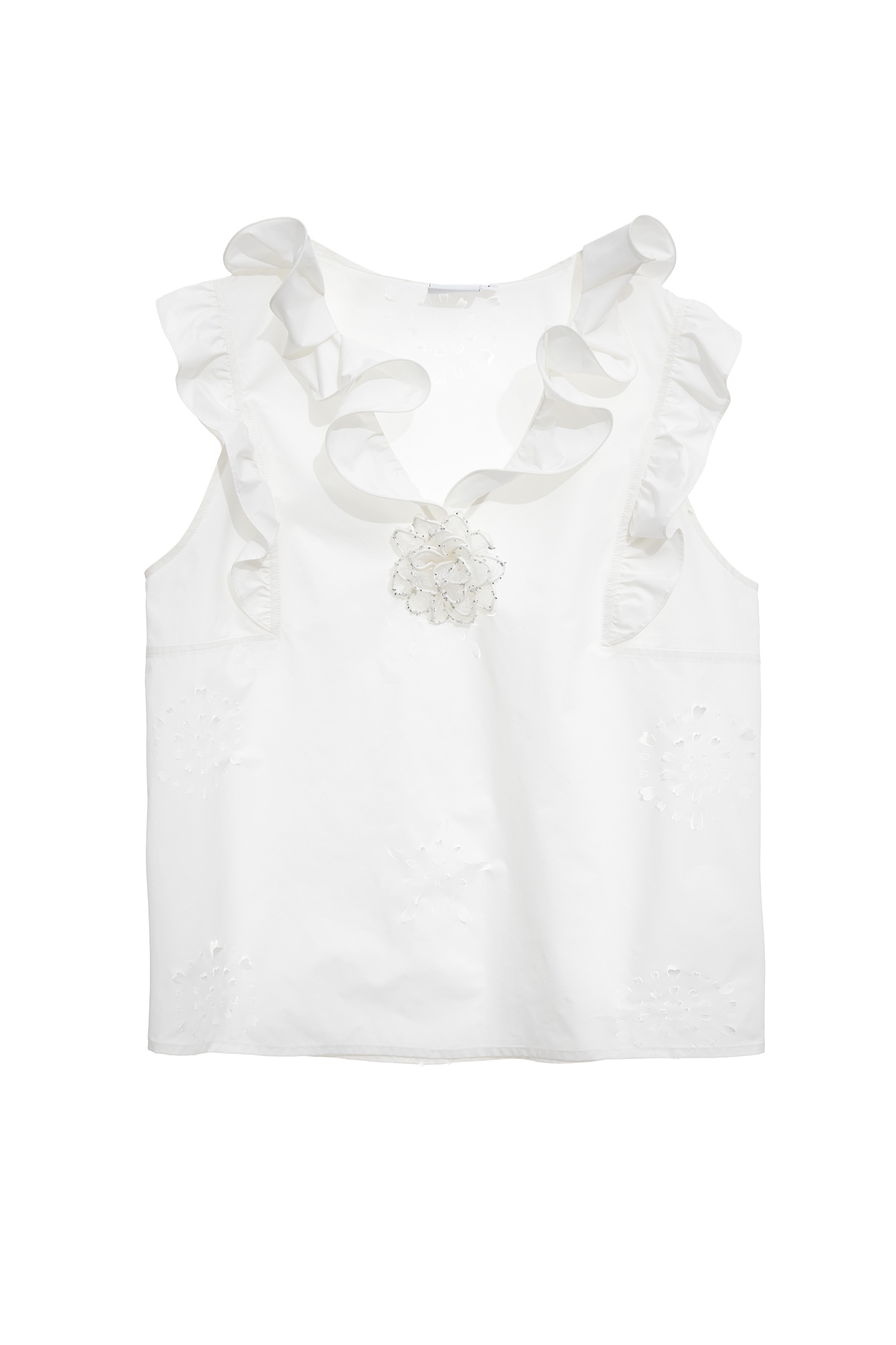 Floral Brooch Ruffle Neckline Vest,sleeveless tops,Tops,Season (SS) Look,White tops,sleeveless tops