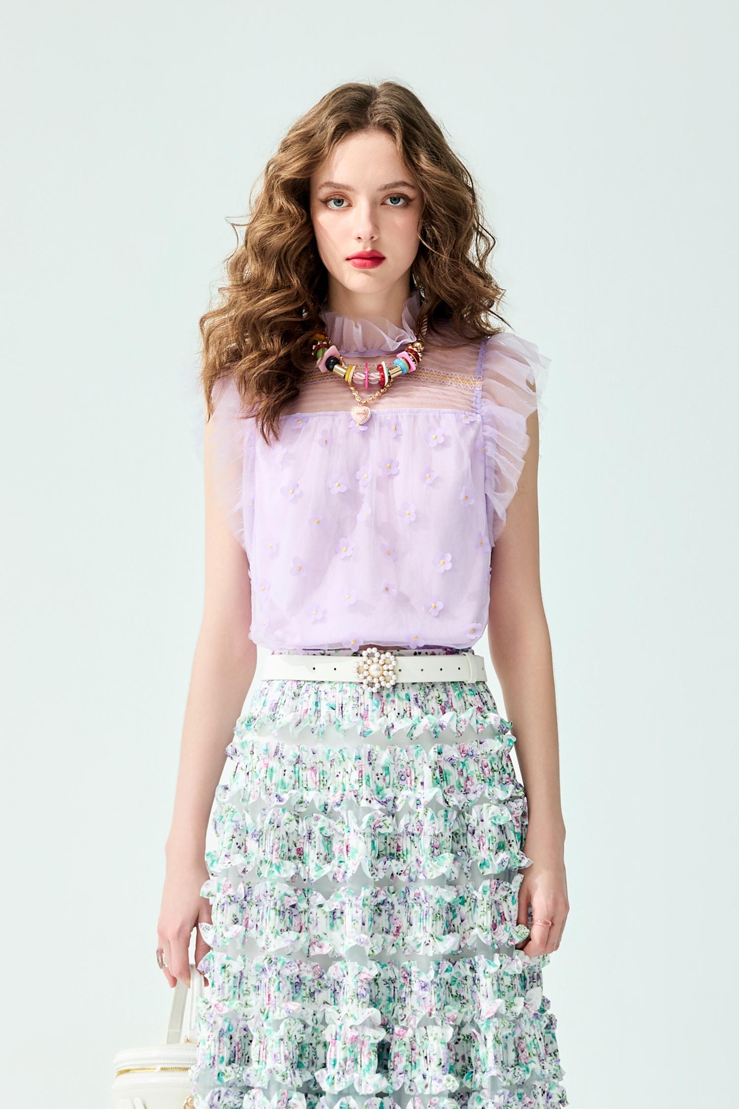 Floral Detail Ruffle Mesh Vest,sleeveless tops,Tops,Embroidered,Season (SS) Look,Mesh fabric,sleeveless tops