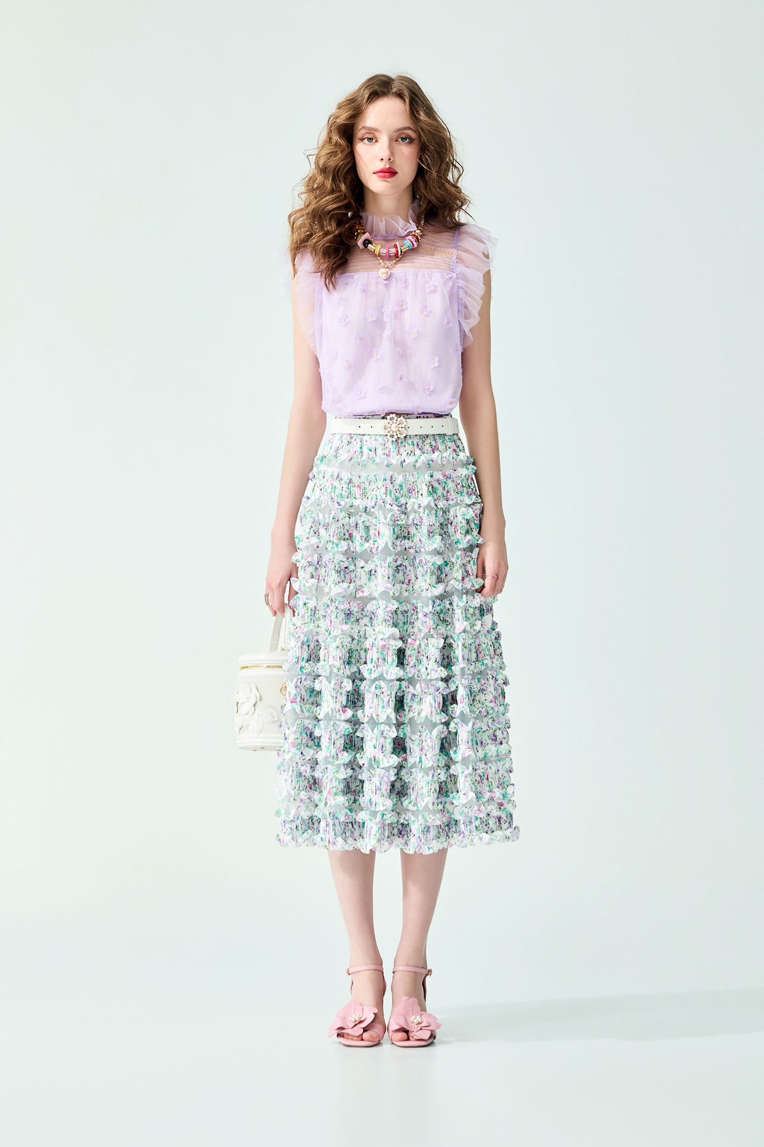 Floral Detail Ruffle Mesh Vest,sleeveless tops,Tops,Embroidered,Season (SS) Look,Mesh fabric,sleeveless tops