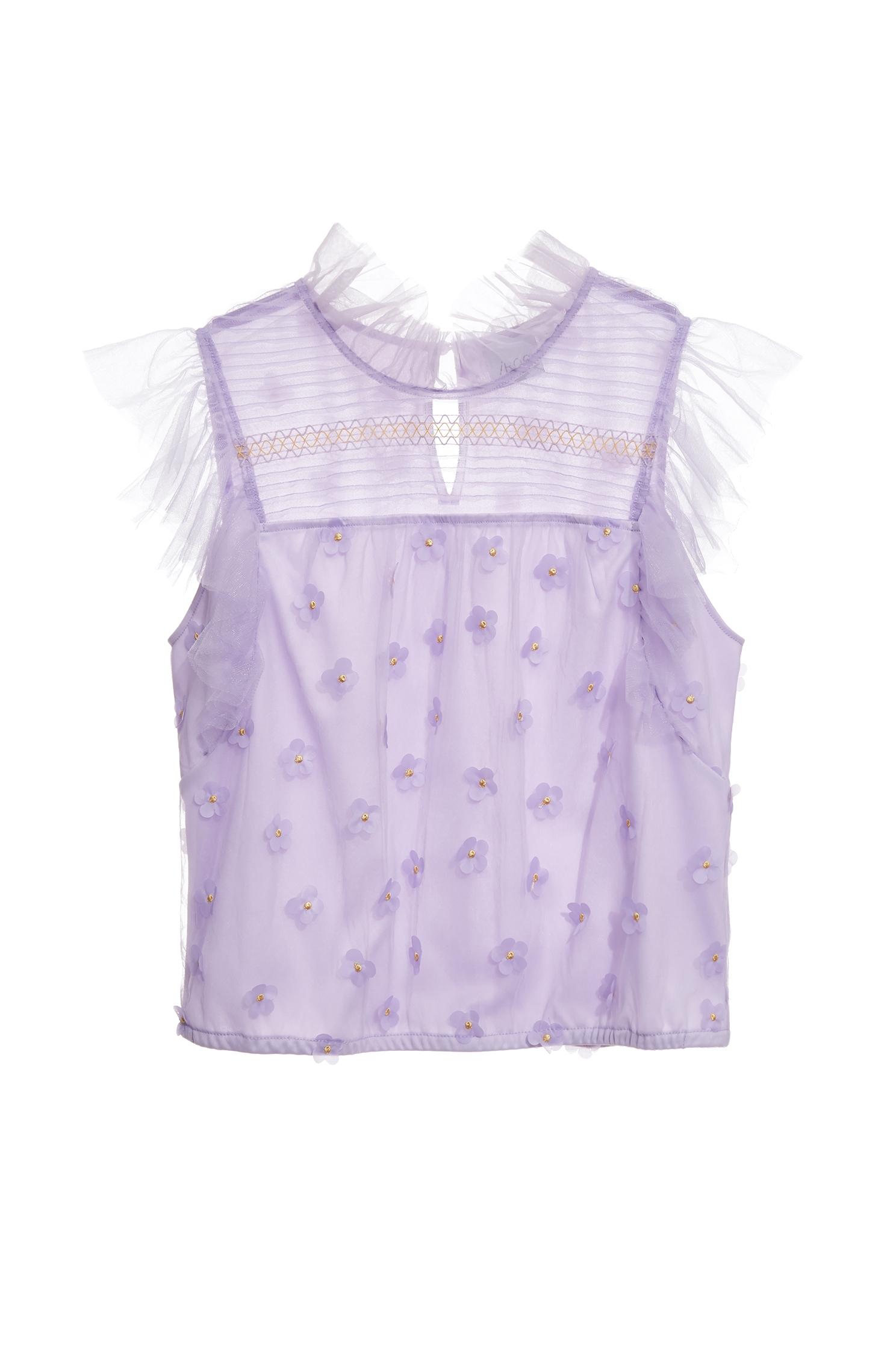 Floral Detail Ruffle Mesh Vest,sleeveless tops,Tops,Embroidered,Season (SS) Look,Mesh fabric,sleeveless tops
