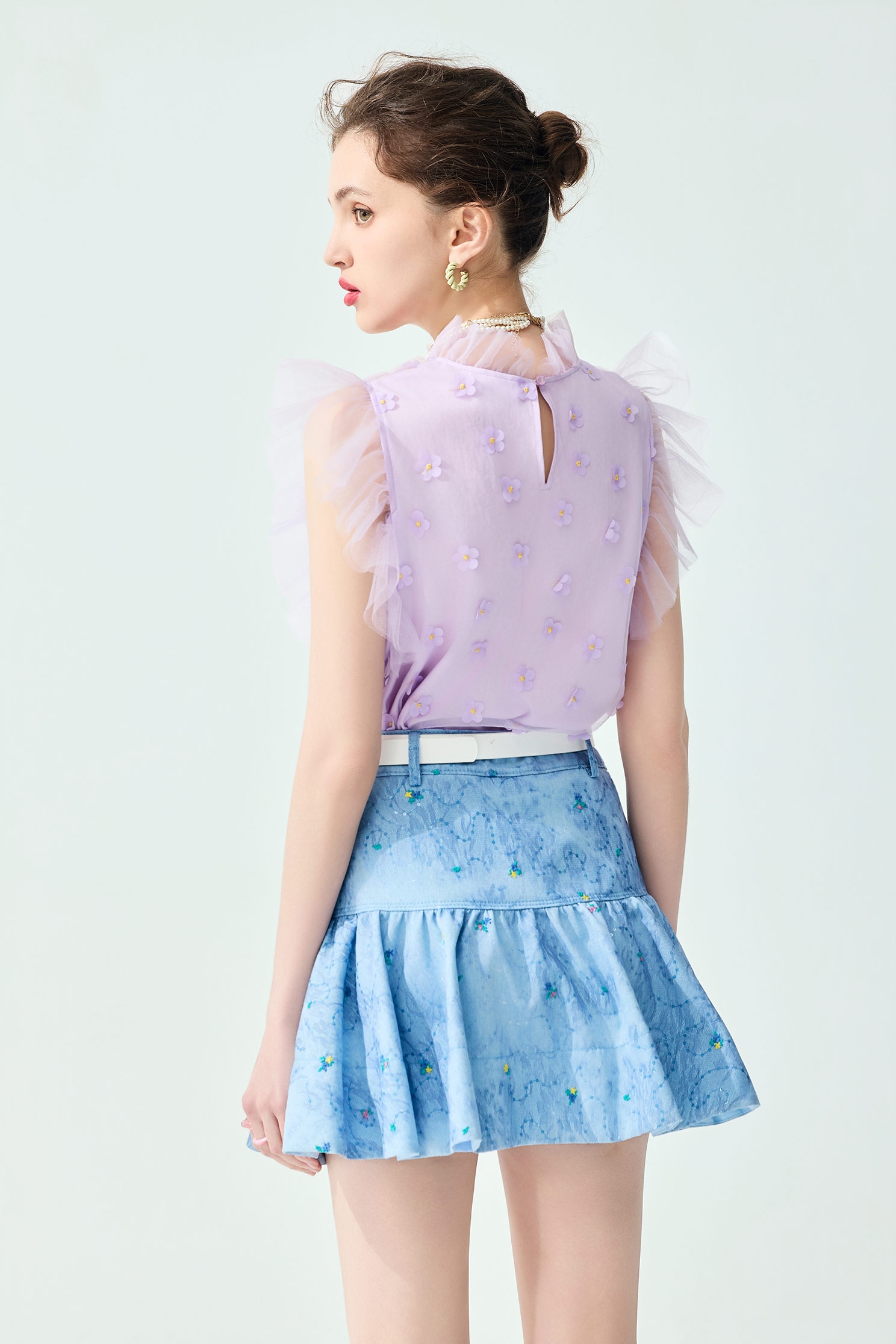 Floral Detail Ruffle Mesh Vest,sleeveless tops,Tops,Embroidered,Season (SS) Look,Mesh fabric,sleeveless tops