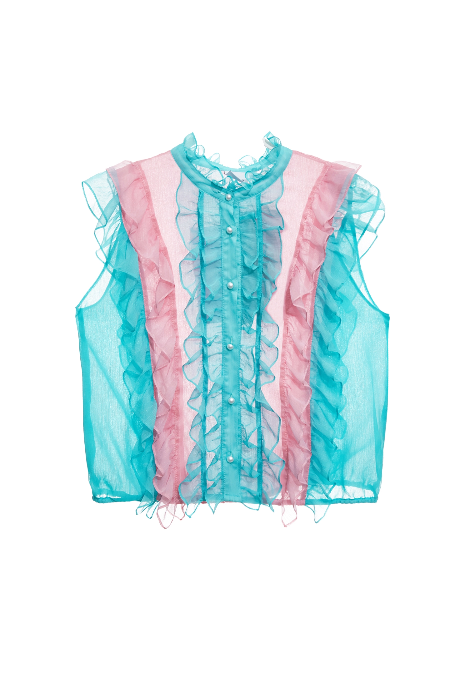 Colour Block Ruffle Chiffon VestColour Block Ruffle Chiffon Vest,sleeveless tops,Office Looks,Tops,pearl,Season (AW) Look,Valentine,Chiffon,Chiffon tops