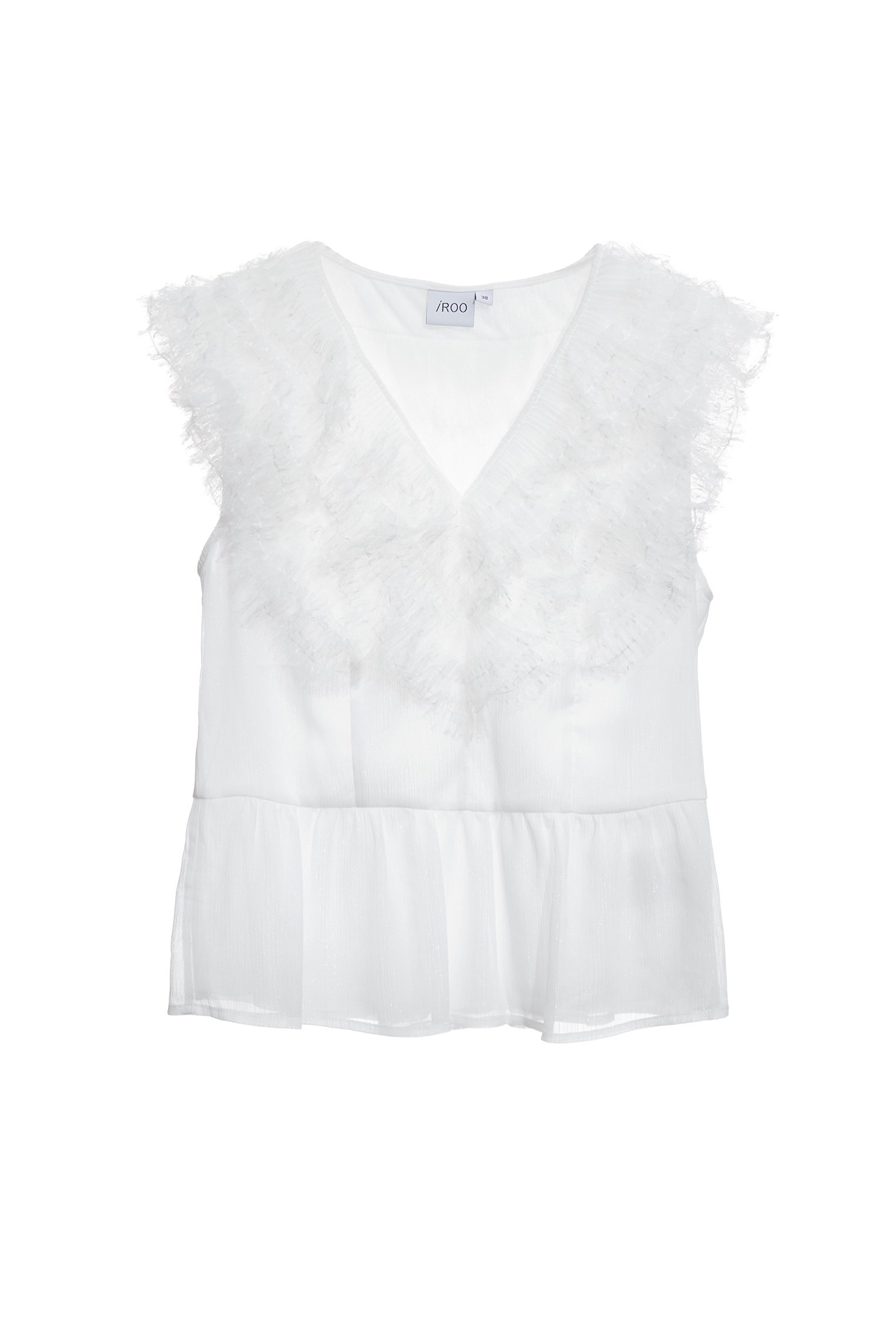 V-neck Ruffle Mesh Detail VestV-neck Ruffle Mesh Detail Vest,sleeveless tops,Tops,Season (SS) Look,White tops,sleeveless tops,Chiffon