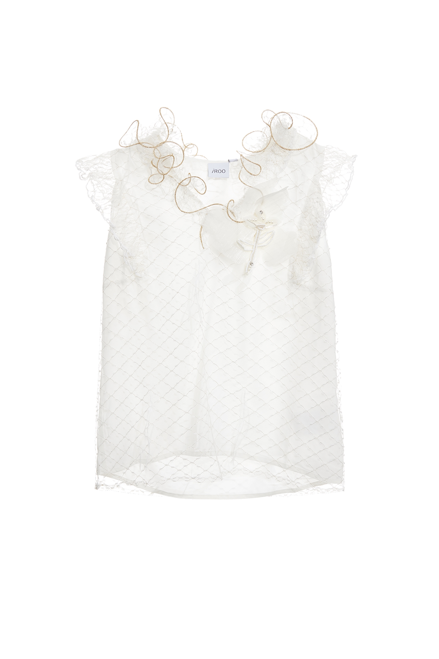 Ruffle Neckline Mesh VestRuffle Neckline Mesh Vest,sleeveless tops,Tops,Plaid,pearl,White tops,Season (AW) Look,Mesh fabric,sleeveless tops