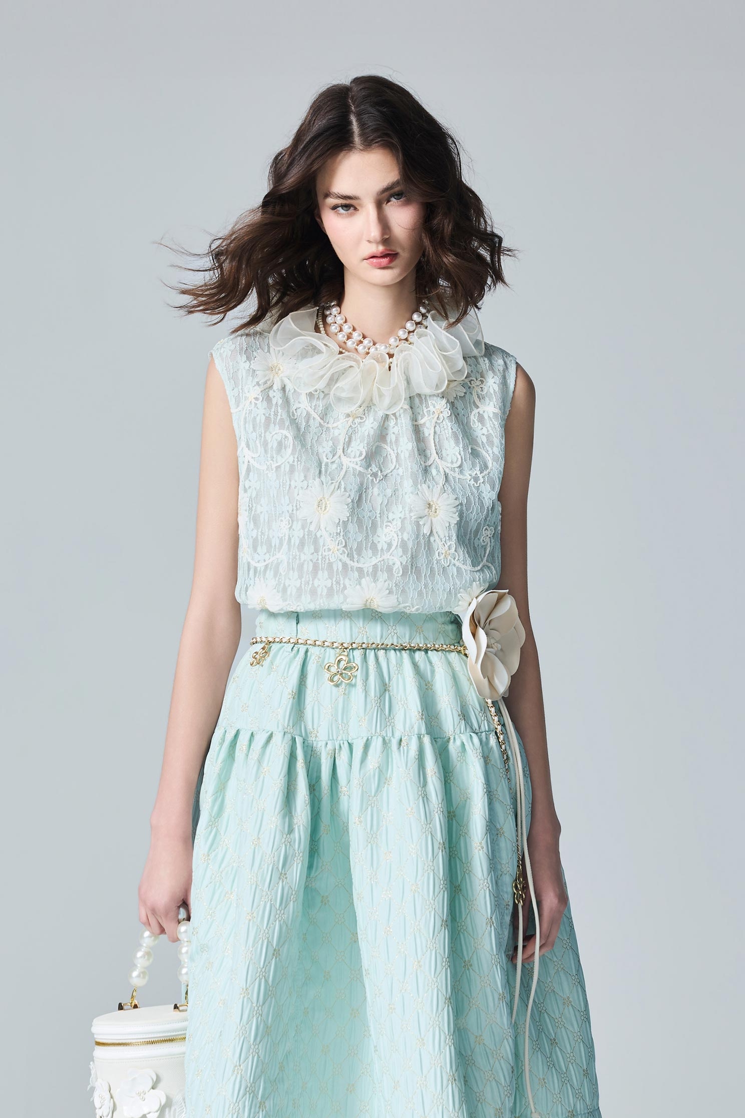 Organza Flounce Collar Floral Lace VestOrganza Flounce Collar Floral Lace Vest,sleeveless tops,Tops,Embroidered,Season (AW) Look,sleeveless tops,Lace