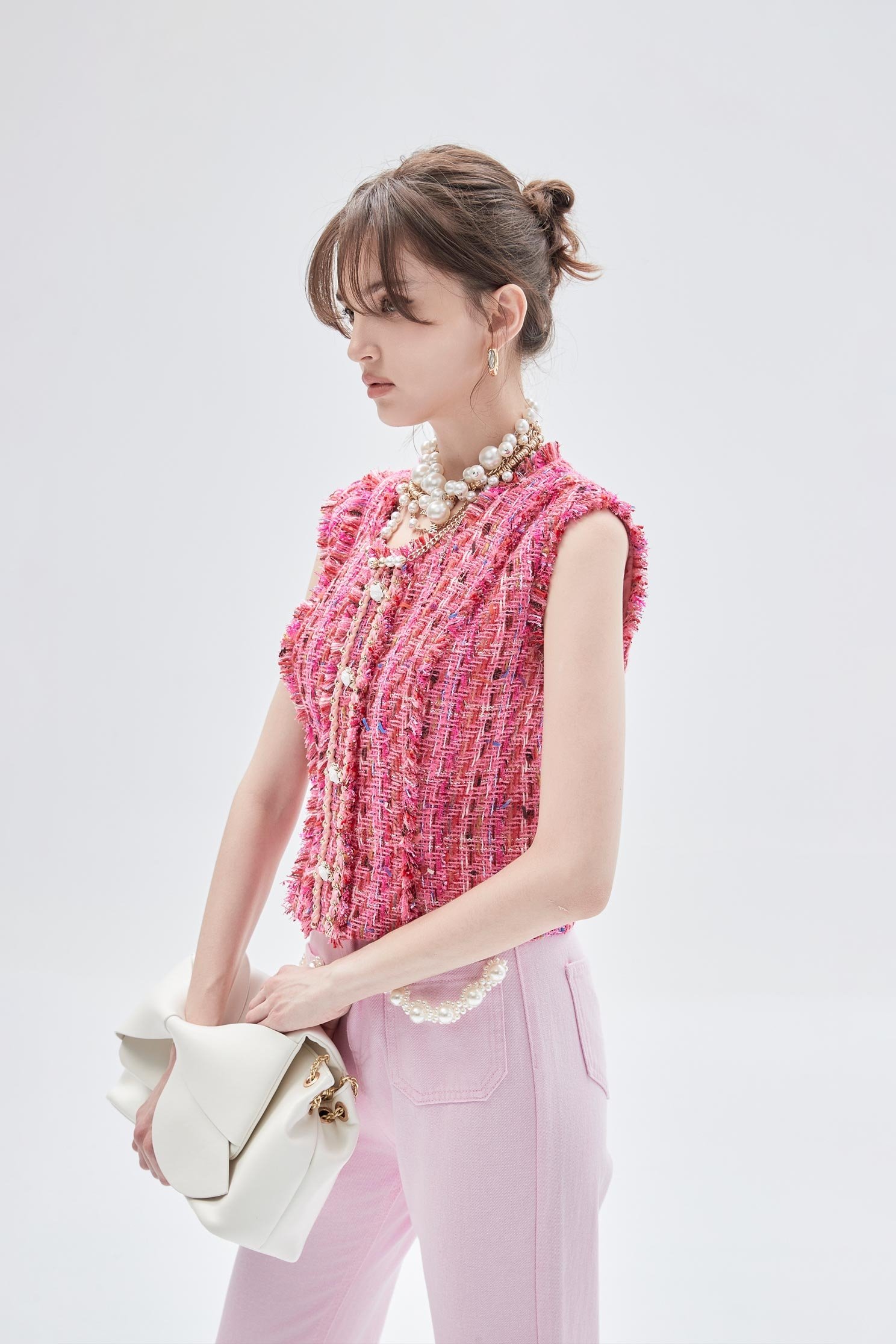 Deep Pink Tweed Button front VestDeep Pink Tweed Button front Vest,sleeveless tops,Tops,Season (SS) Look,sleeveless tops