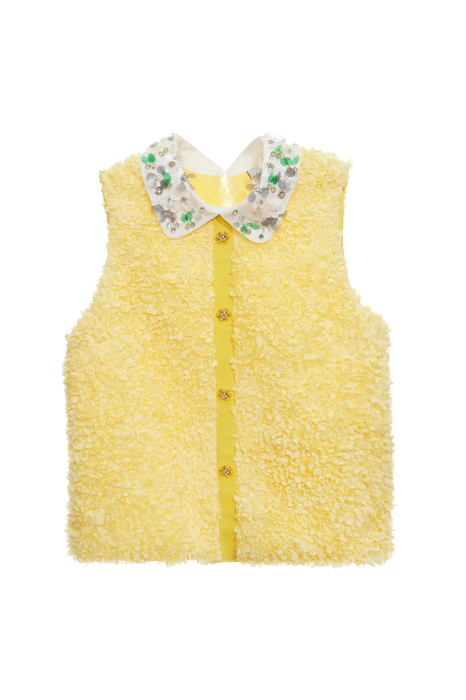 Bright Yellow 3-D Floral Applique Collar VestBright Yellow 3-D Floral Applique Collar Vest,sleeveless tops,Tops,Season (SS) Look,sleeveless tops