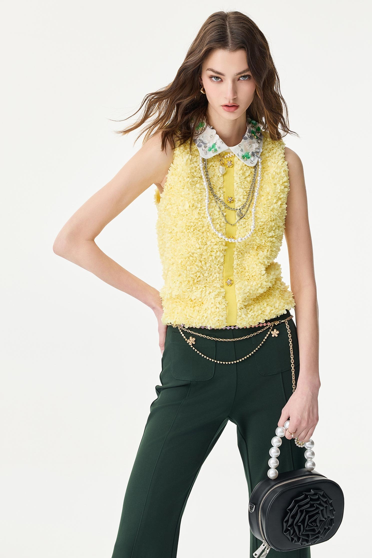 Bright Yellow 3-D Floral Applique Collar VestBright Yellow 3-D Floral Applique Collar Vest,sleeveless tops,Tops,Season (SS) Look,sleeveless tops