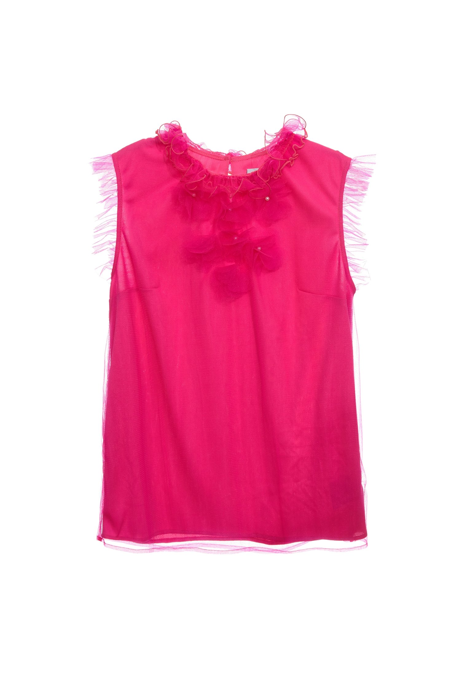 Pink Ruffle Mesh Detail VestPink Ruffle Mesh Detail Vest,sleeveless tops,Tops,Season (SS) Look,Mesh fabric,sleeveless tops