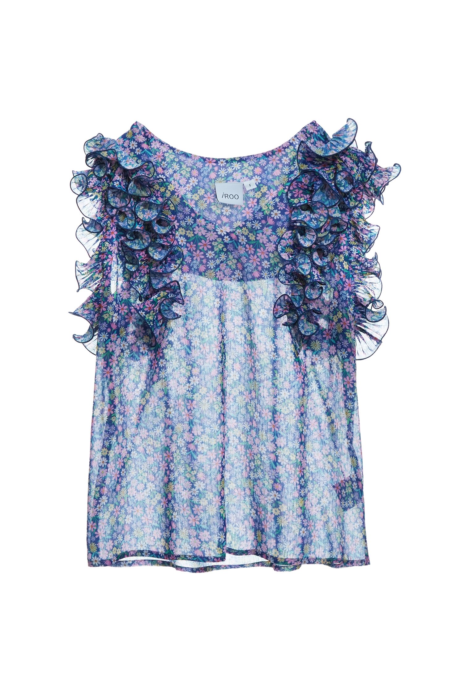 Floral Print Ruffle Detail VestFloral Print Ruffle Detail Vest,V-Neck T shirts,sleeveless tops,Tops,Season (SS) Look,sleeveless tops,Chiffon