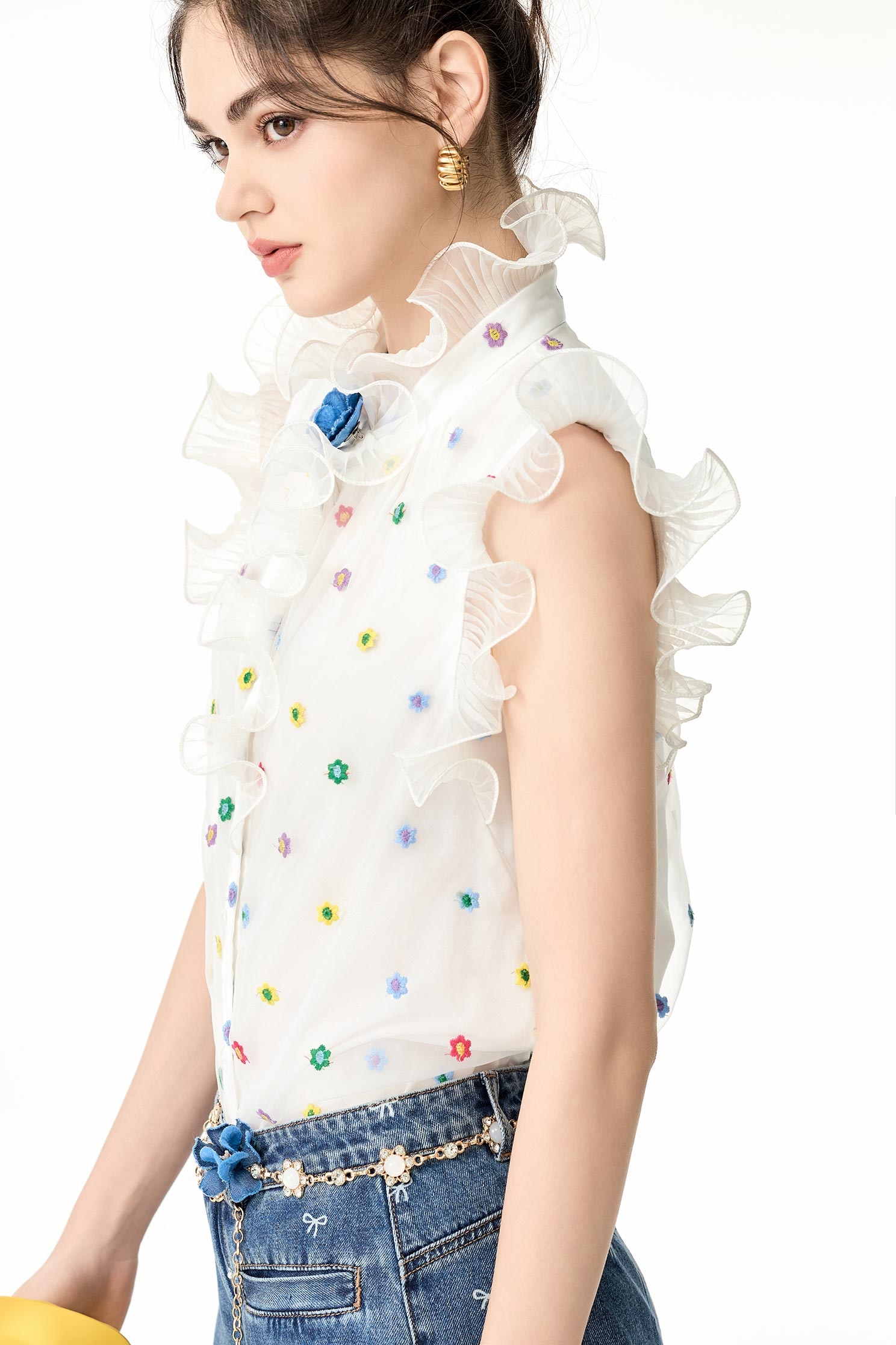 Floral Embroidery Ruffle VestFloral Embroidery Ruffle Vest,sleeveless tops,Tops,Embroidered,Season (SS) Look,Embroidered tops,sleeveless tops