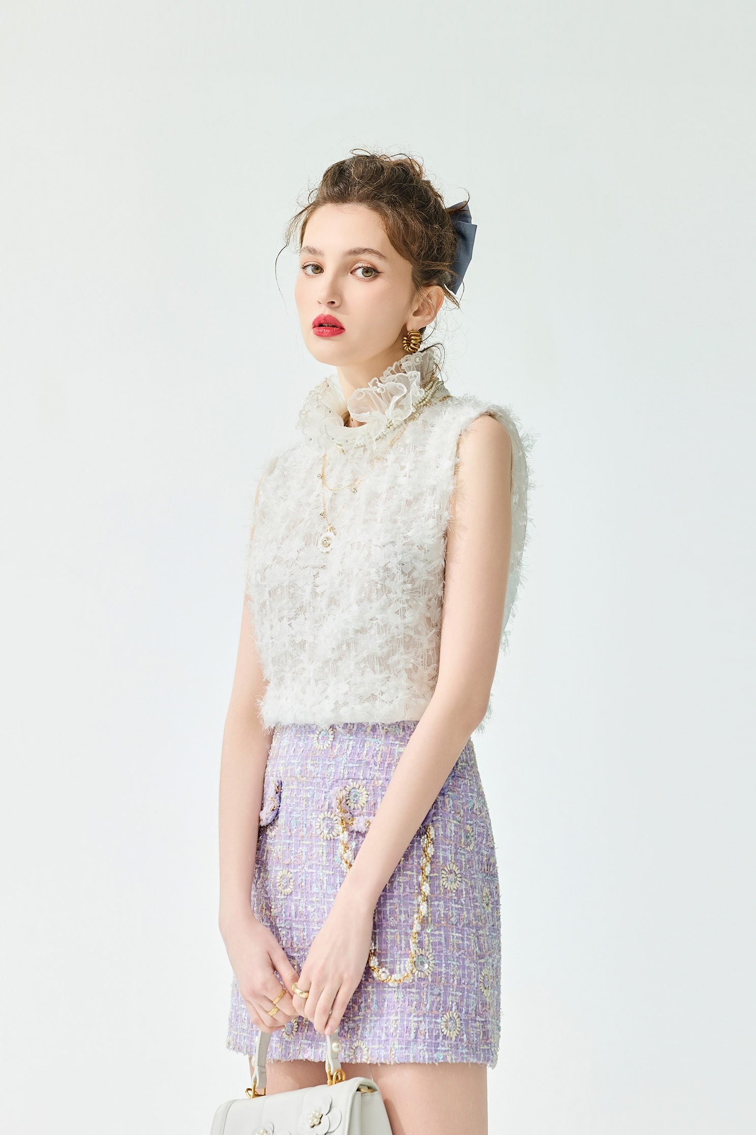 Ruffle Collar Mesh Fringe Detail VestRuffle Collar Mesh Fringe Detail Vest,sleeveless tops,Tops,Embroidered,Season (SS) Look,White tops,Embroidered,sleeveless tops,Lace