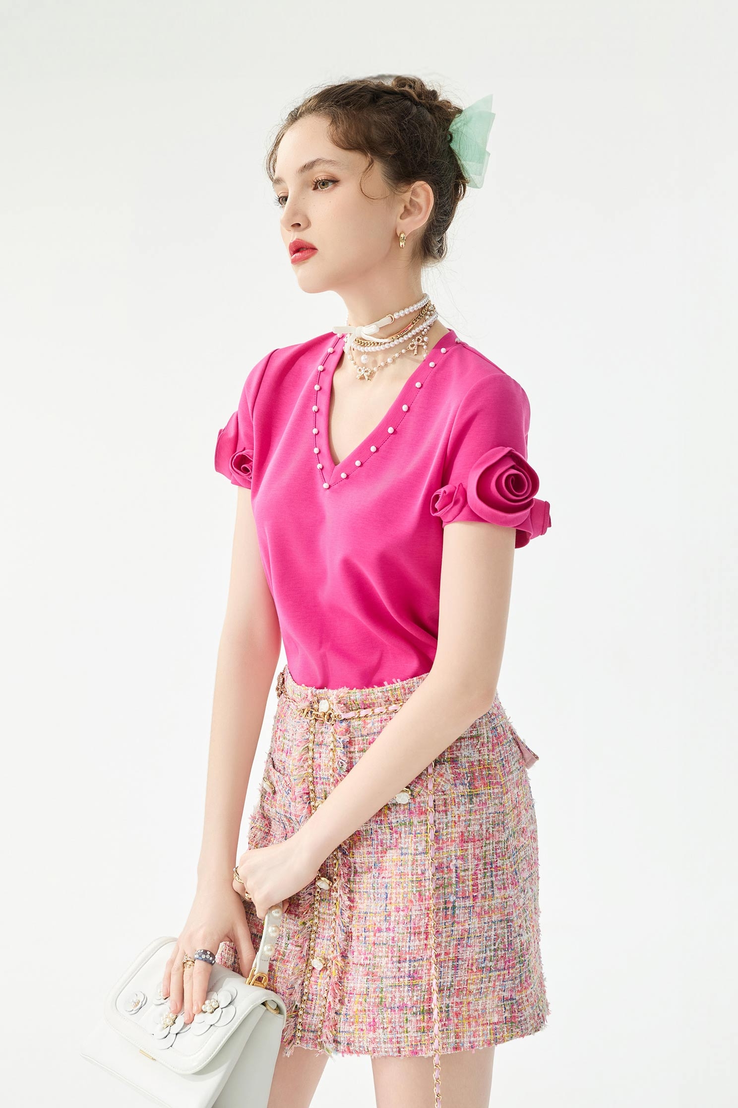 V-neck Tee with 3-D Rose Sleeve DetailV-neck Tee with 3-D Rose Sleeve Detail,Tops,Season (SS) Look,pearl