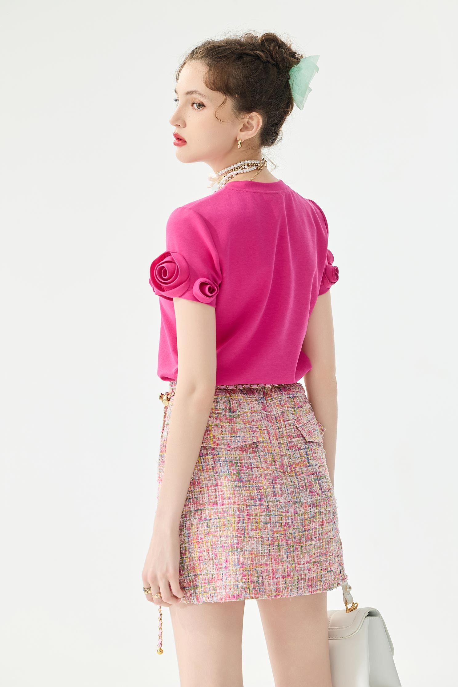 V-neck Tee with 3-D Rose Sleeve DetailV-neck Tee with 3-D Rose Sleeve Detail,Tops,Season (SS) Look,pearl