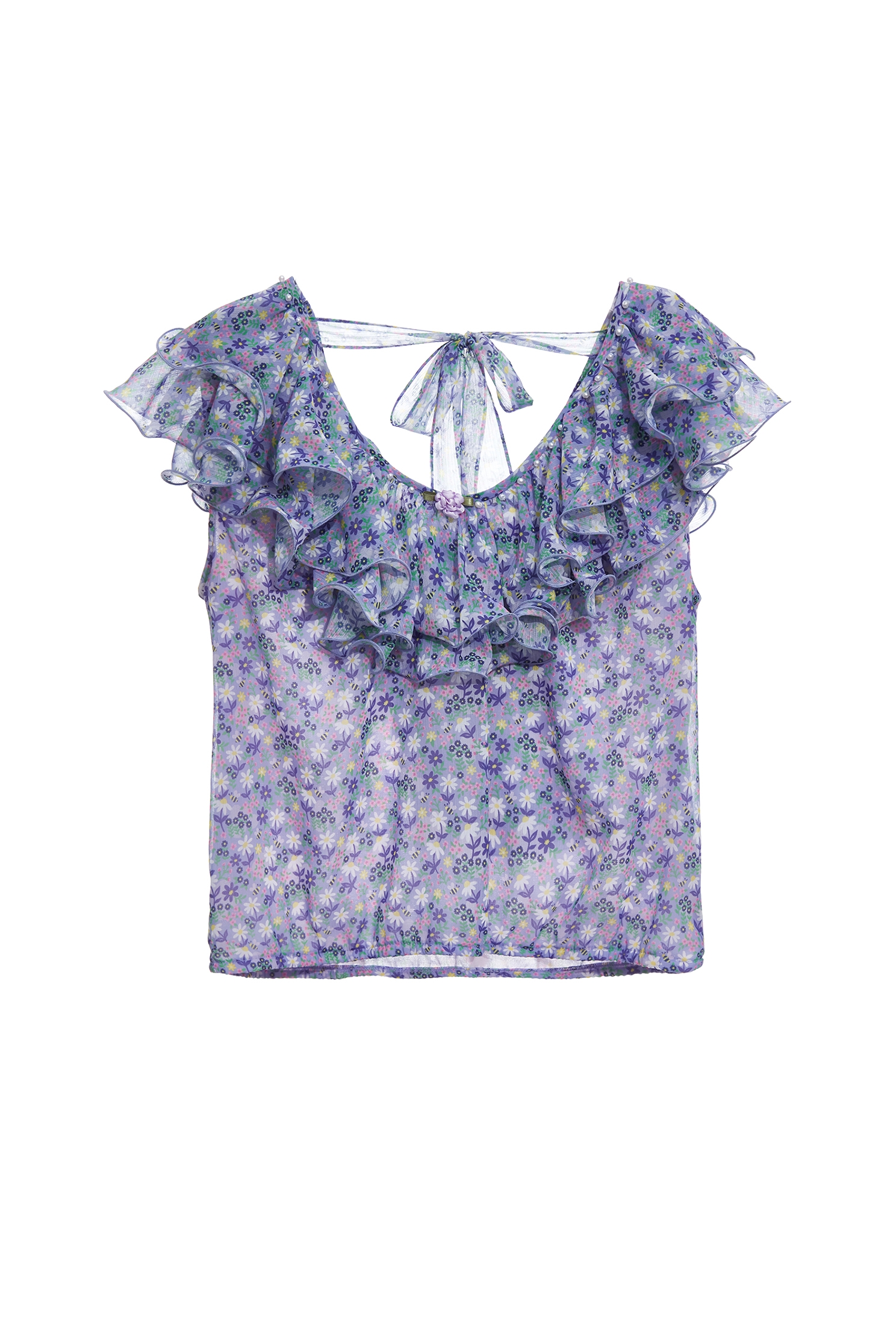 Floral Print Ruffle Neckline TopFloral Print Ruffle Neckline Top,Tops,Season (SS) Look,pearl,Chiffon