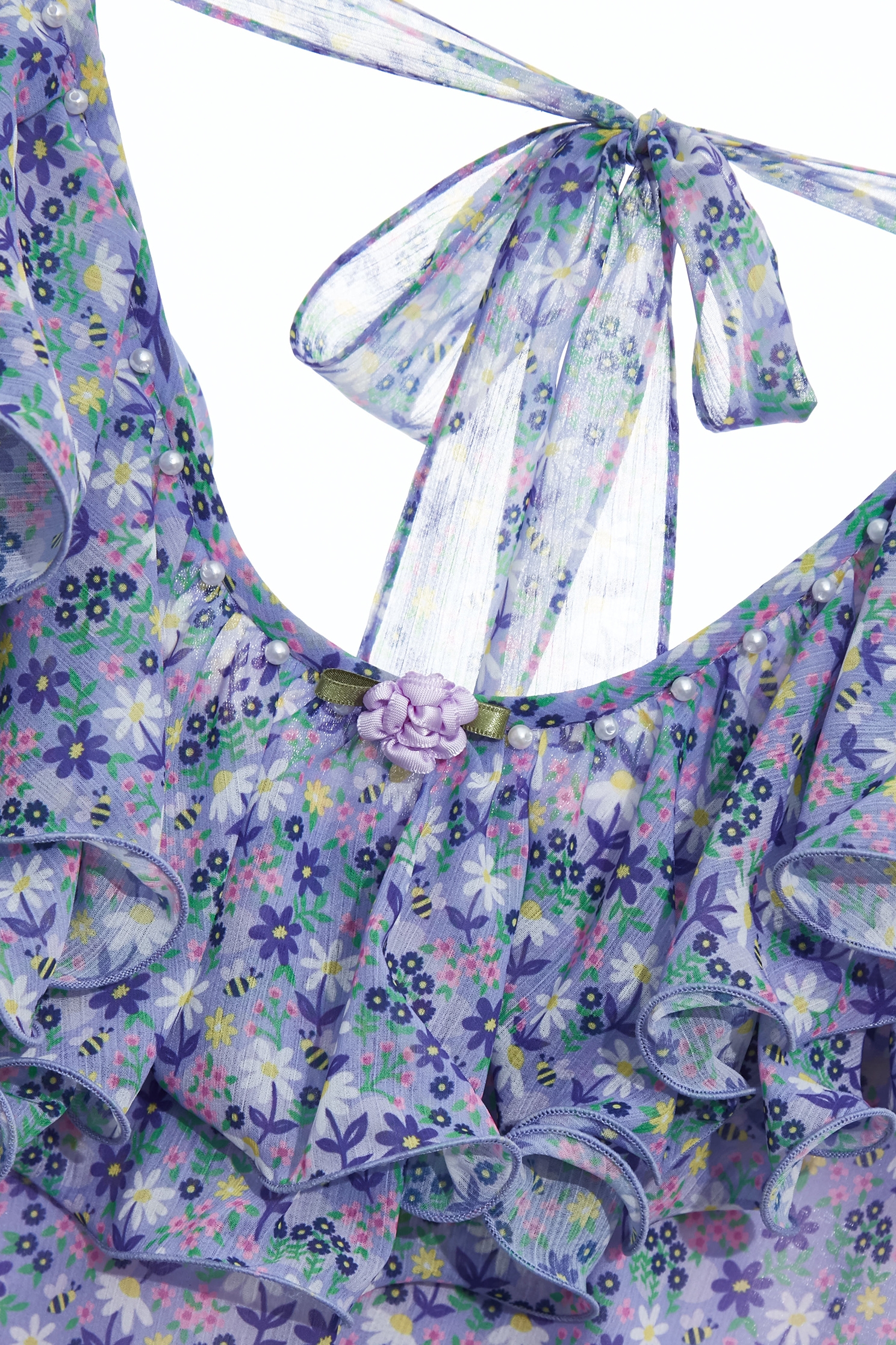 Floral Print Ruffle Neckline TopFloral Print Ruffle Neckline Top,Tops,Season (SS) Look,pearl,Chiffon