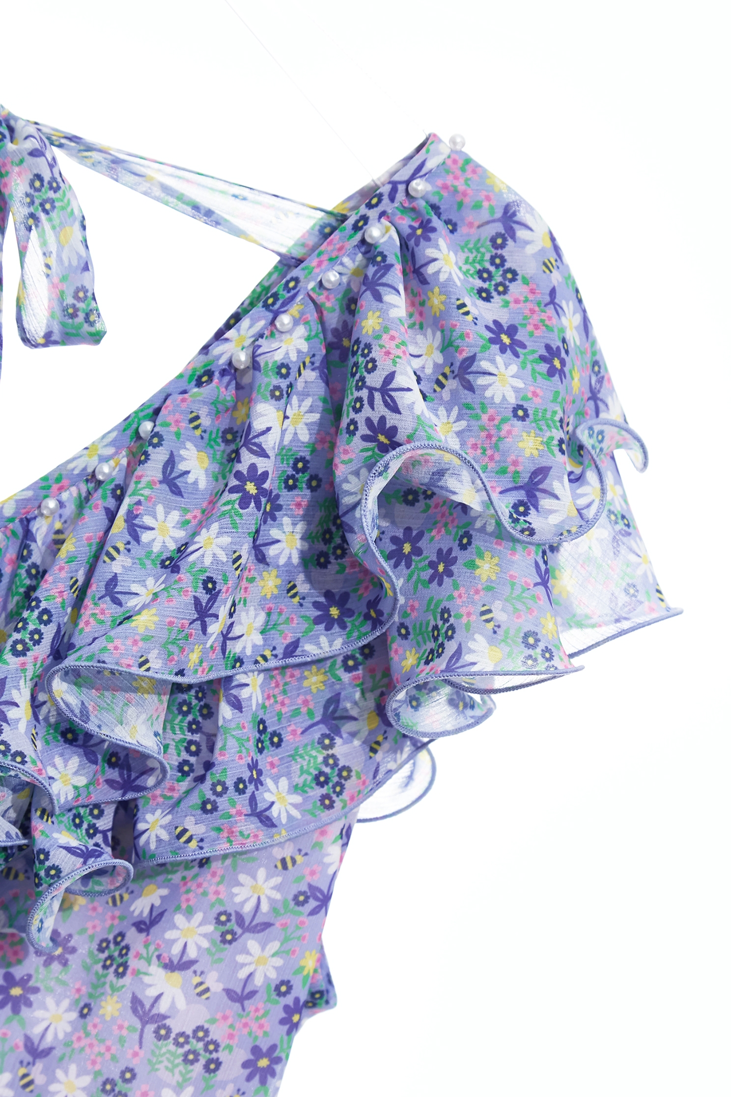 Floral Print Ruffle Neckline TopFloral Print Ruffle Neckline Top,Tops,Season (SS) Look,pearl,Chiffon