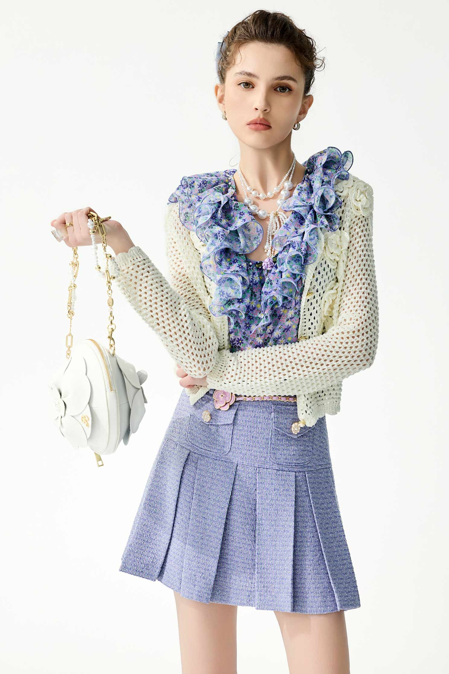 Floral Print Ruffle Neckline TopFloral Print Ruffle Neckline Top,Tops,Season (SS) Look,pearl,Chiffon