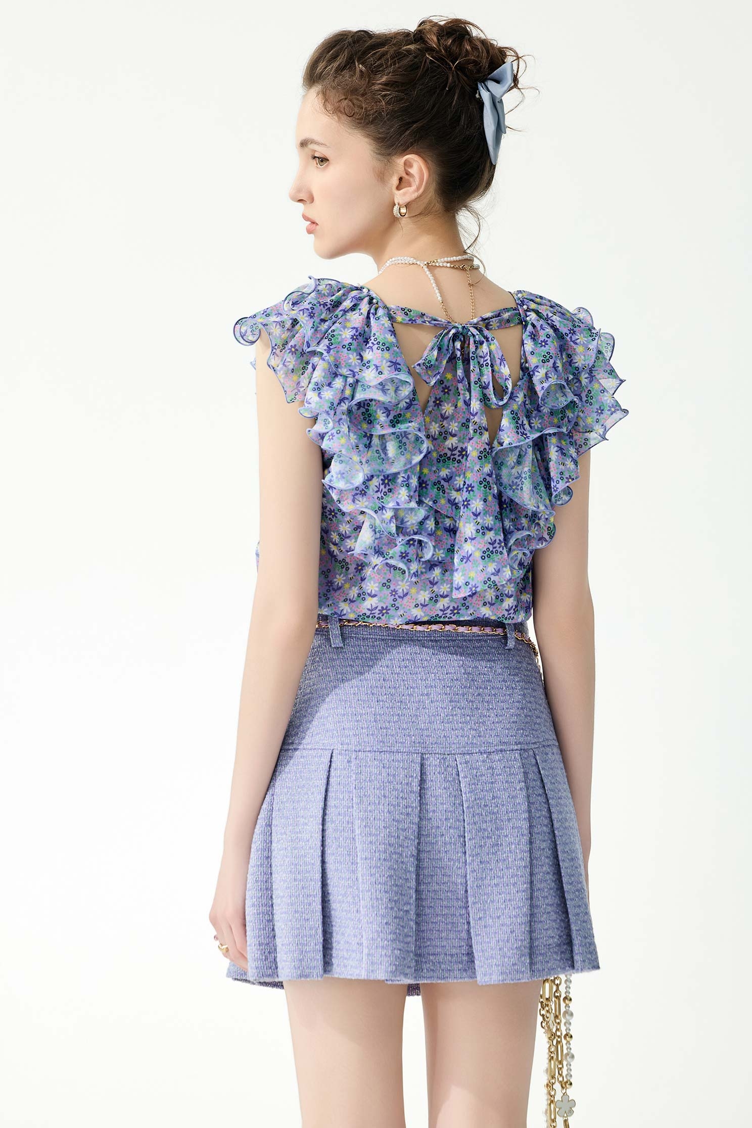 Floral Print Ruffle Neckline TopFloral Print Ruffle Neckline Top,Tops,Season (SS) Look,pearl,Chiffon