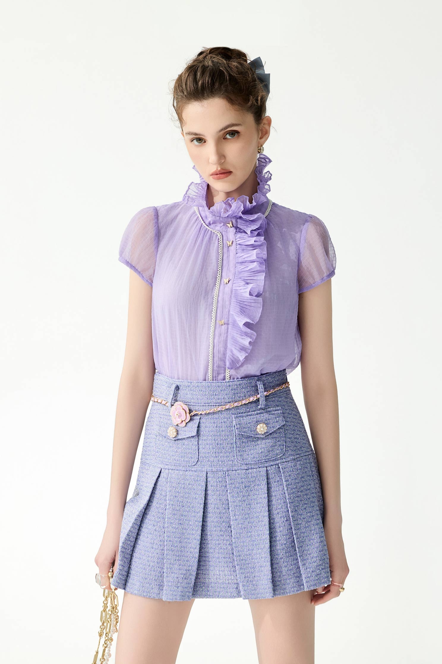 Short Sleeve Ruffle Detail Purple TopShort Sleeve Ruffle Detail Purple Top,Tops,Season (SS) Look,Plaid,pearl,Chiffon