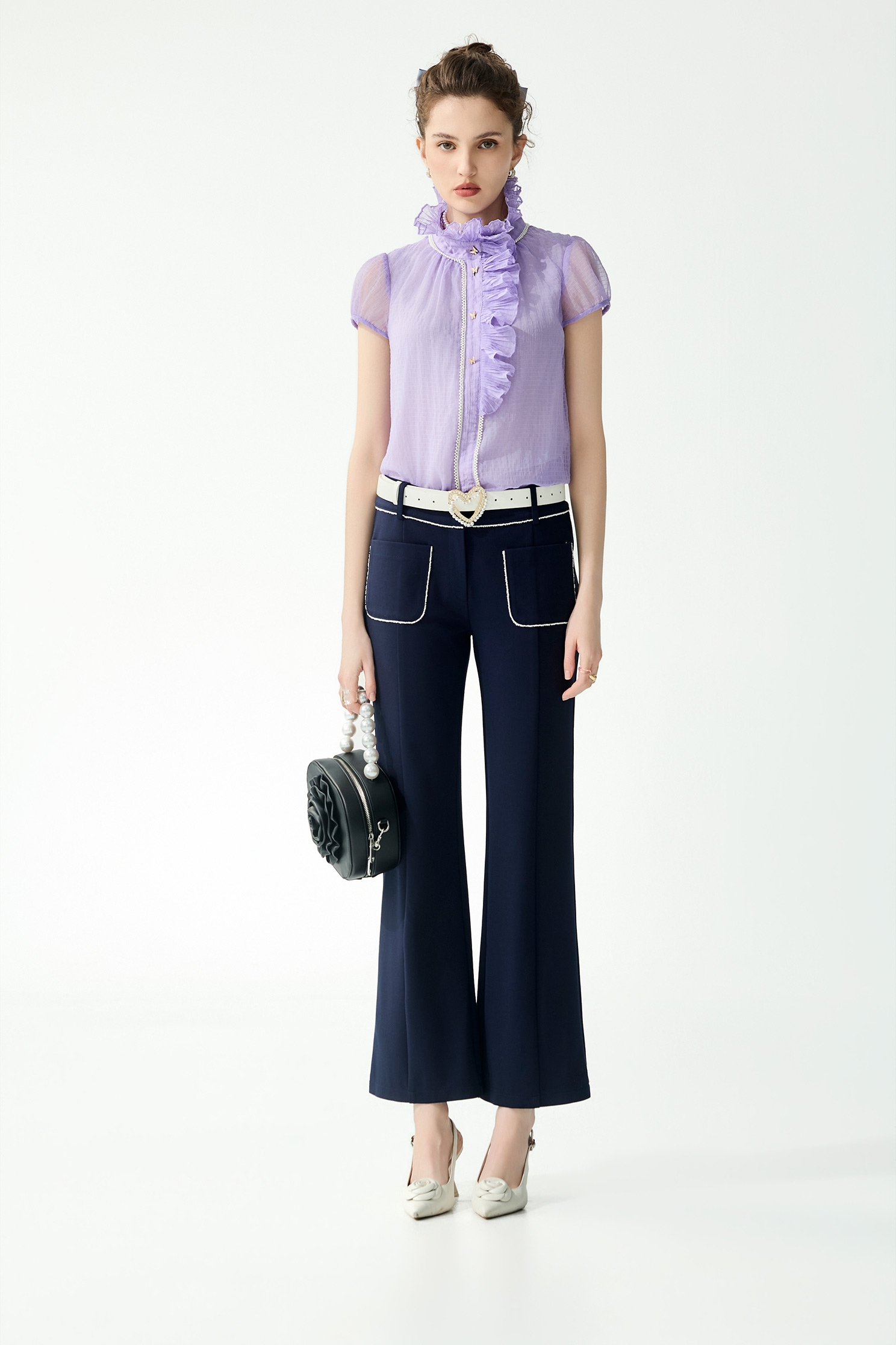Short Sleeve Ruffle Detail Purple TopShort Sleeve Ruffle Detail Purple Top,Tops,Season (SS) Look,Plaid,pearl,Chiffon