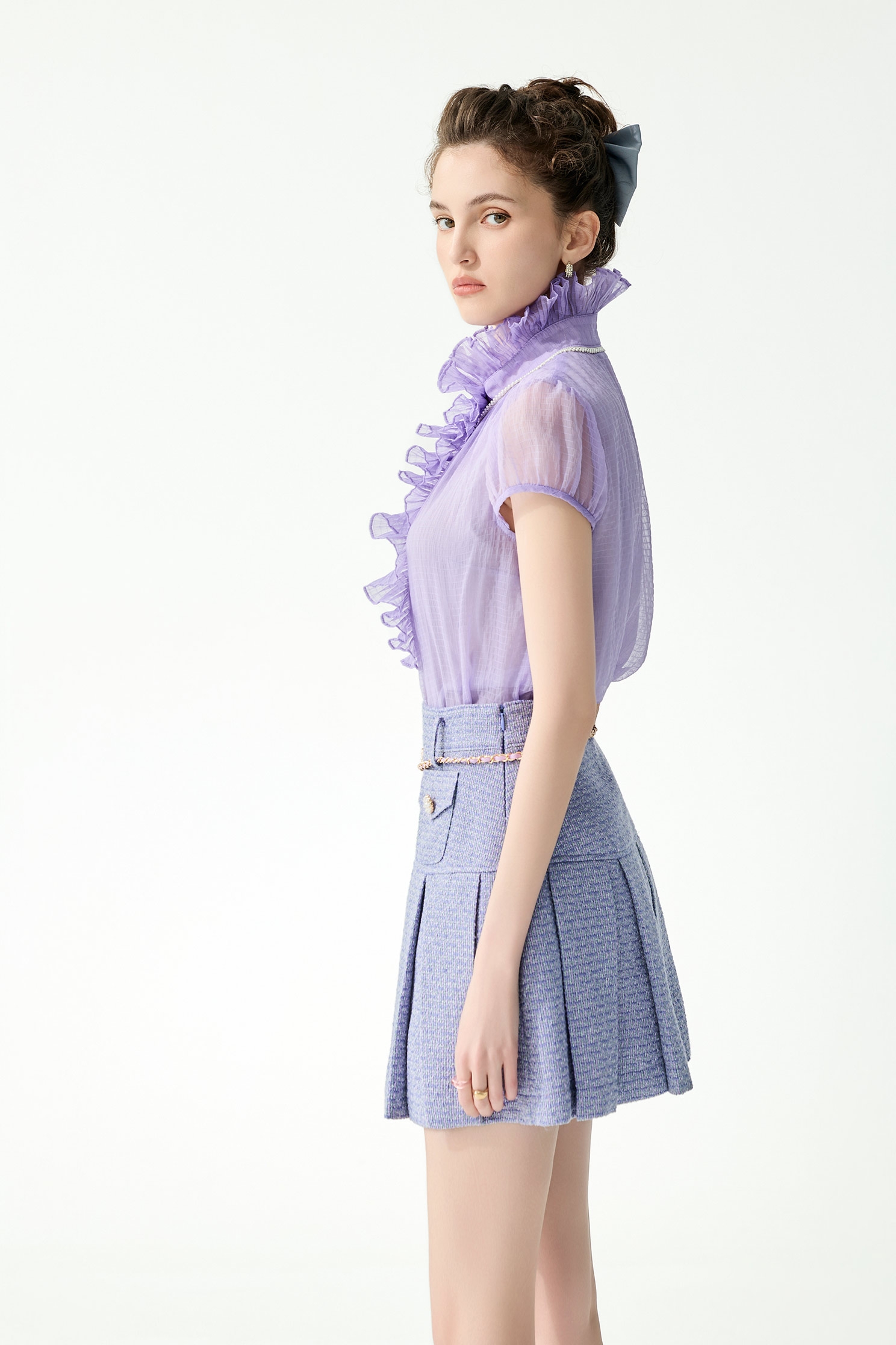 Short Sleeve Ruffle Detail Purple TopShort Sleeve Ruffle Detail Purple Top,Tops,Season (SS) Look,Plaid,pearl,Chiffon