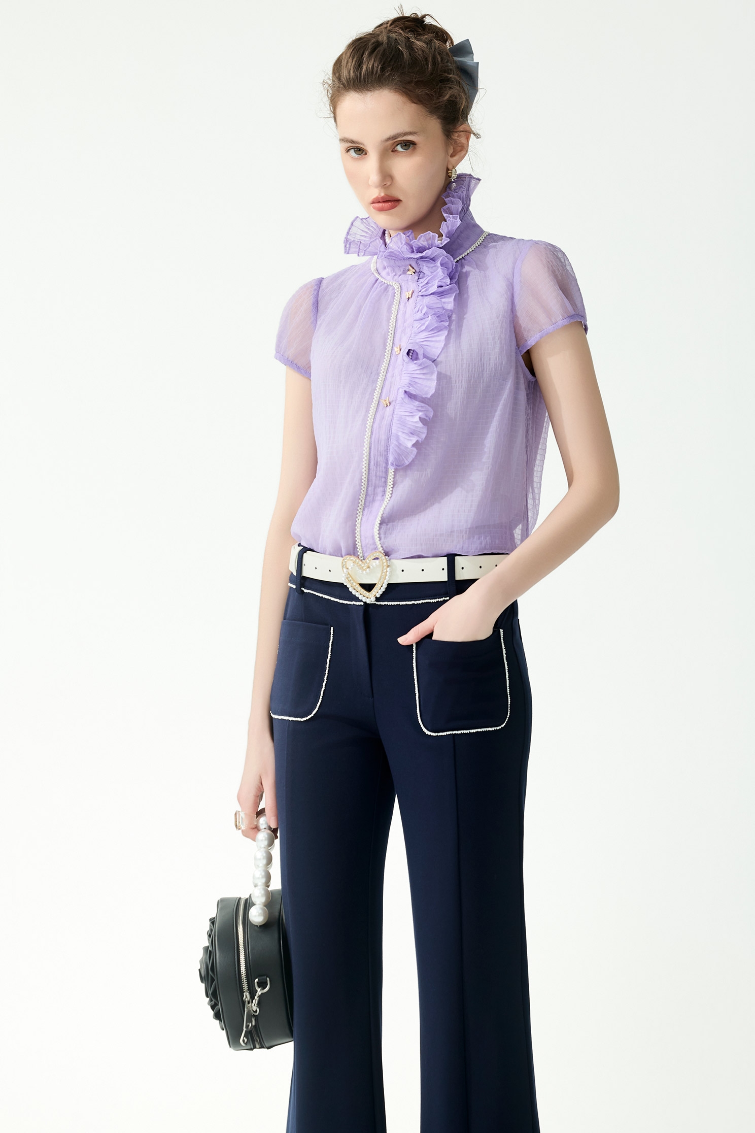 Short Sleeve Ruffle Detail Purple TopShort Sleeve Ruffle Detail Purple Top,Tops,Season (SS) Look,Plaid,pearl,Chiffon