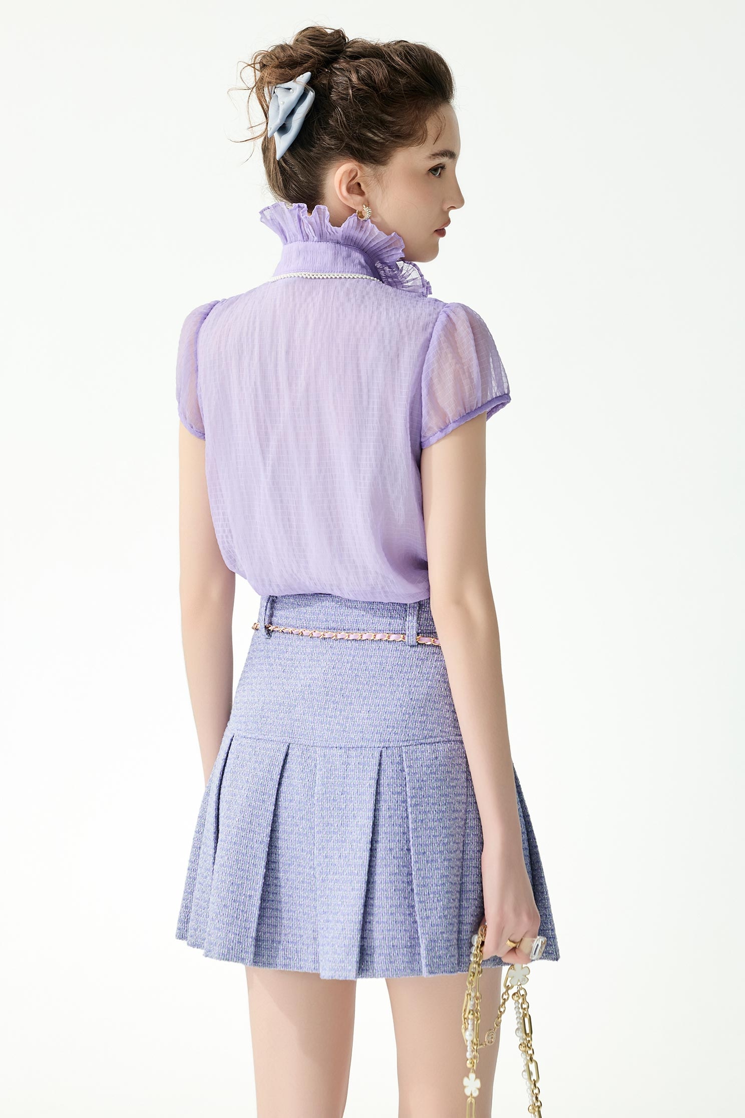 Short Sleeve Ruffle Detail Purple TopShort Sleeve Ruffle Detail Purple Top,Tops,Season (SS) Look,Plaid,pearl,Chiffon