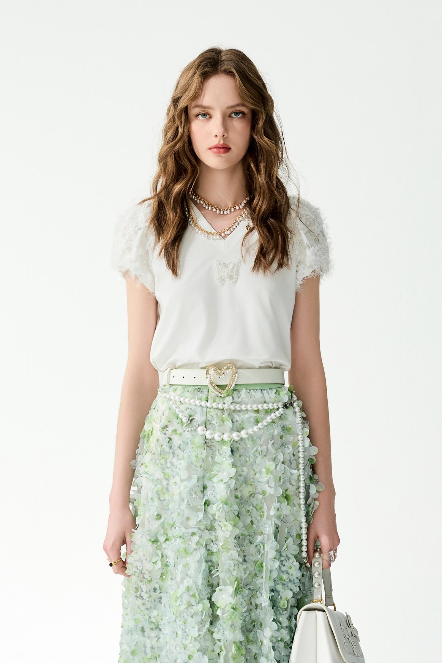 V-neck Fringe Sleeve Detail TeeV-neck Fringe Sleeve Detail Tee,Tops,Season (SS) Look,White tops,Lace,bows