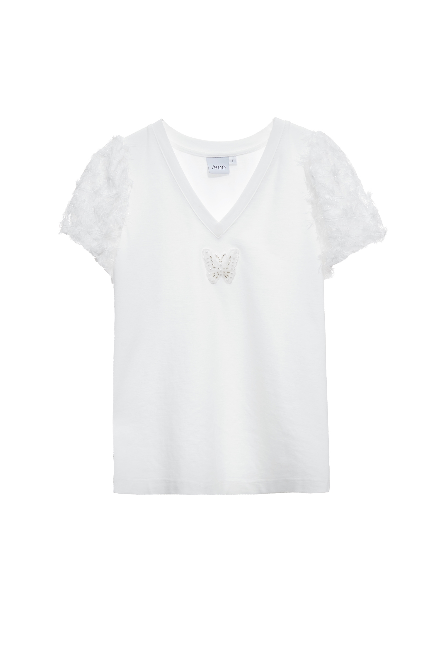 V-neck Fringe Sleeve Detail TeeV-neck Fringe Sleeve Detail Tee,Tops,Season (SS) Look,White tops,Lace,bows