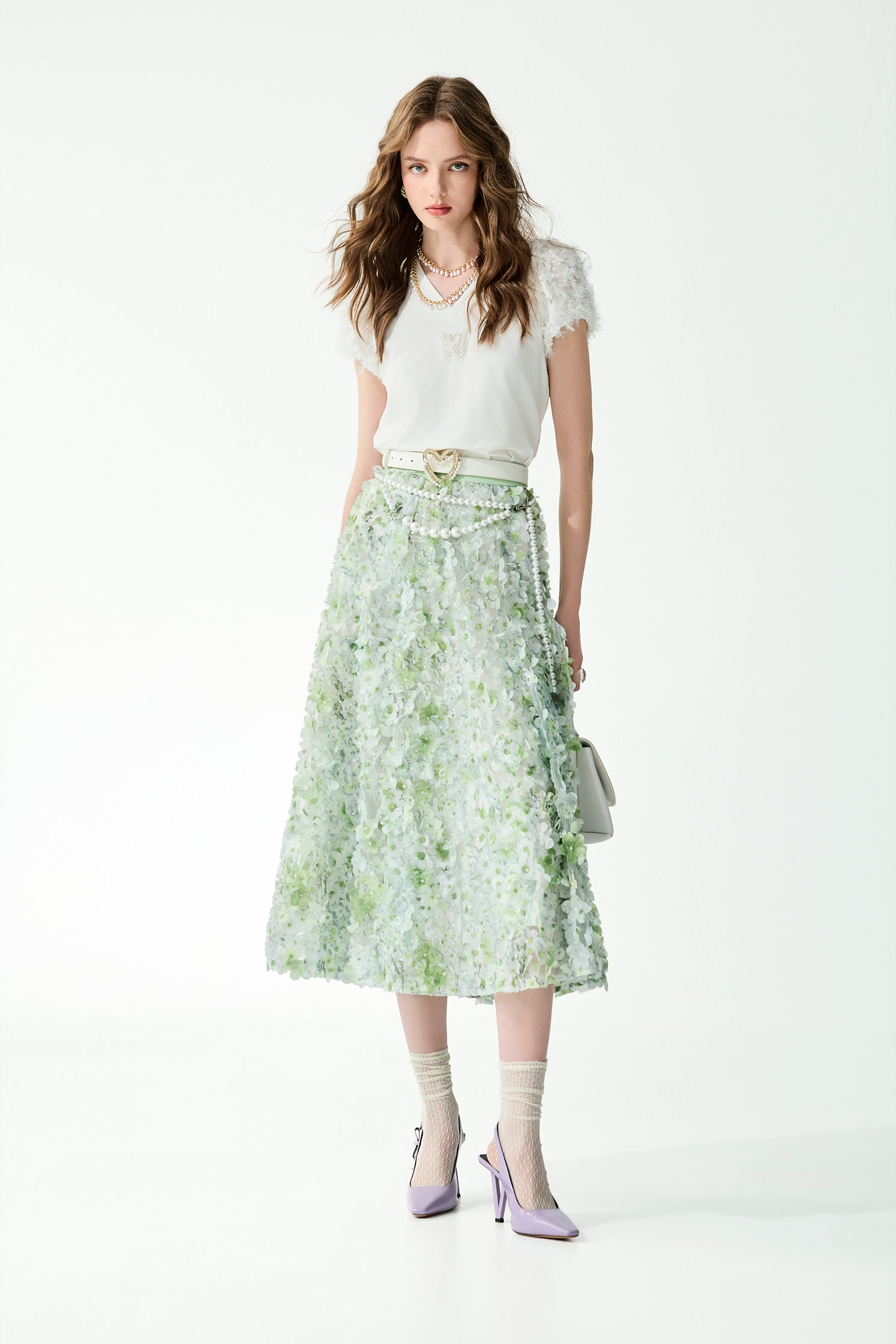 V-neck Fringe Sleeve Detail TeeV-neck Fringe Sleeve Detail Tee,Tops,Season (SS) Look,White tops,Lace,bows