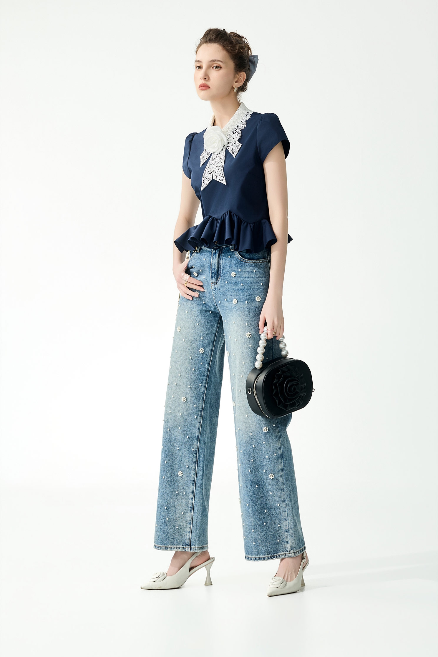 White Collar Lace Navy Peplum TopWhite Collar Lace Navy Peplum Top,Tops,Season (SS) Look,Lace