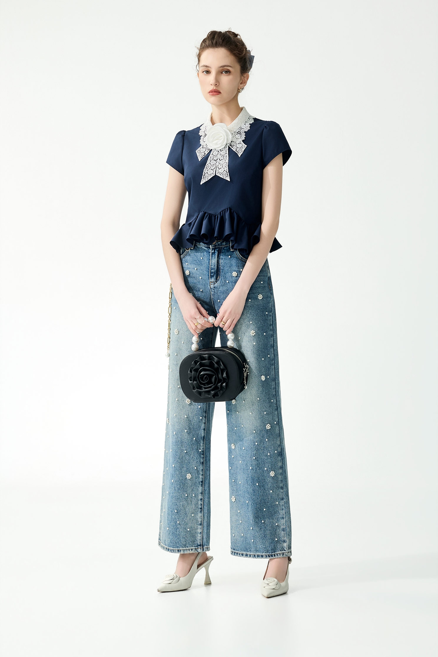 White Collar Lace Navy Peplum TopWhite Collar Lace Navy Peplum Top,Tops,Season (SS) Look,Lace