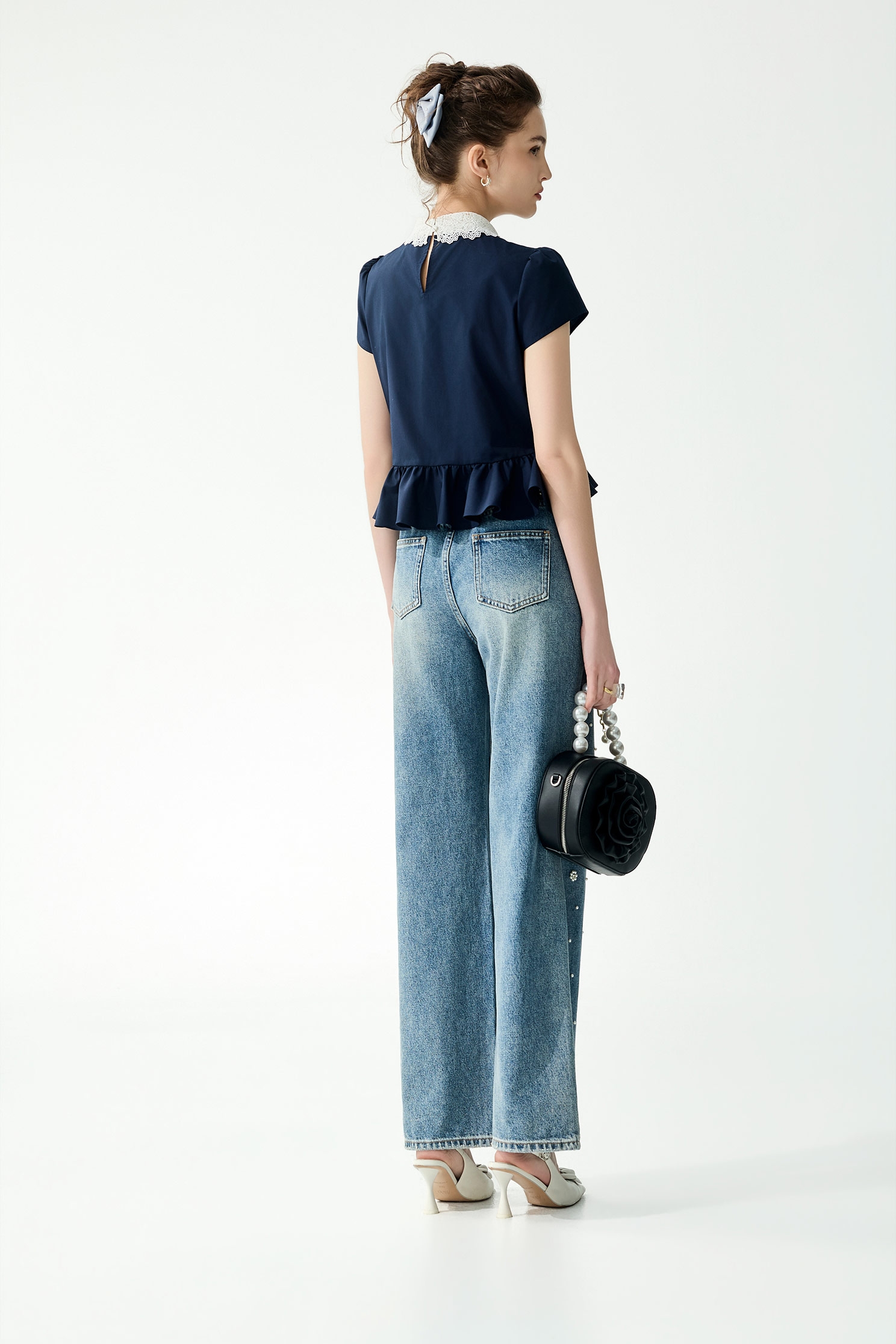 White Collar Lace Navy Peplum TopWhite Collar Lace Navy Peplum Top,Tops,Season (SS) Look,Lace