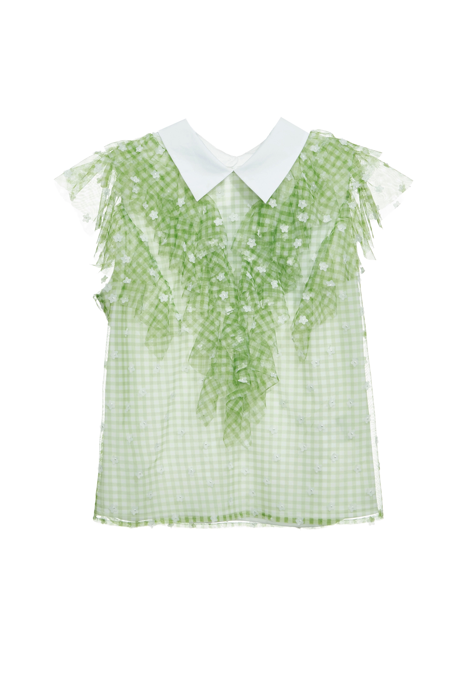 Contrast Floral Ruffle Detail Plaid VestContrast Floral Ruffle Detail Plaid Vest,Tops,Embroidered,Season (SS) Look,Plaid,City Feminine