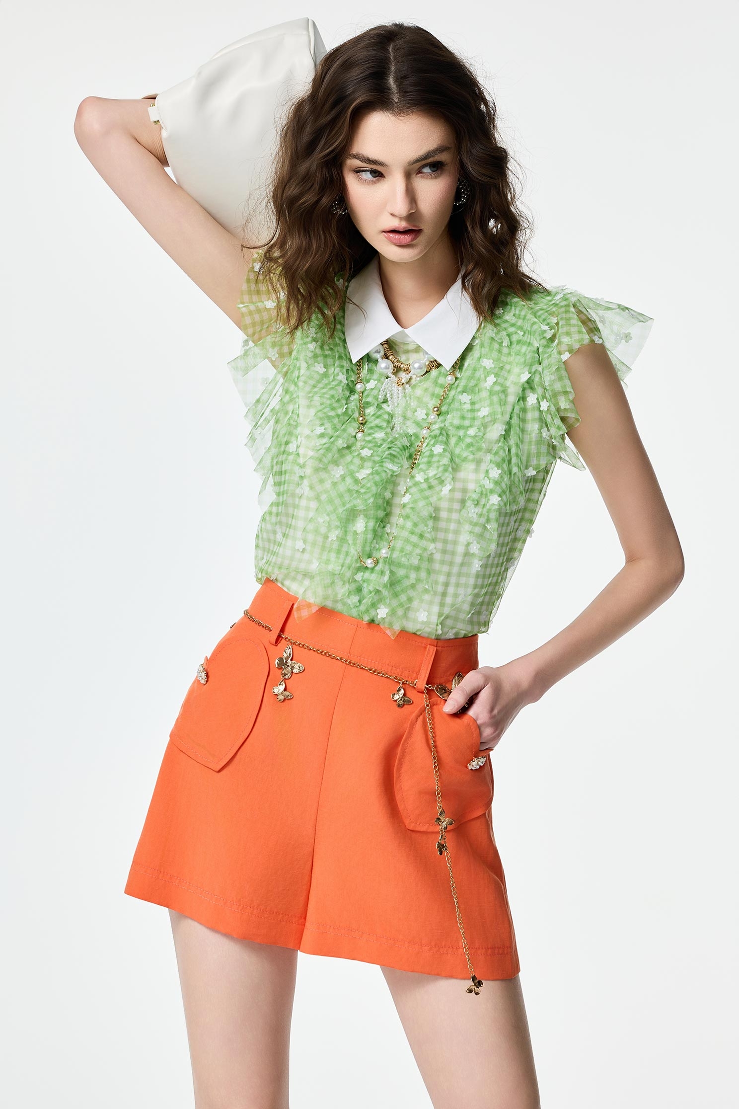 Contrast Floral Ruffle Detail Plaid VestContrast Floral Ruffle Detail Plaid Vest,Tops,Embroidered,Season (SS) Look,Plaid,City Feminine