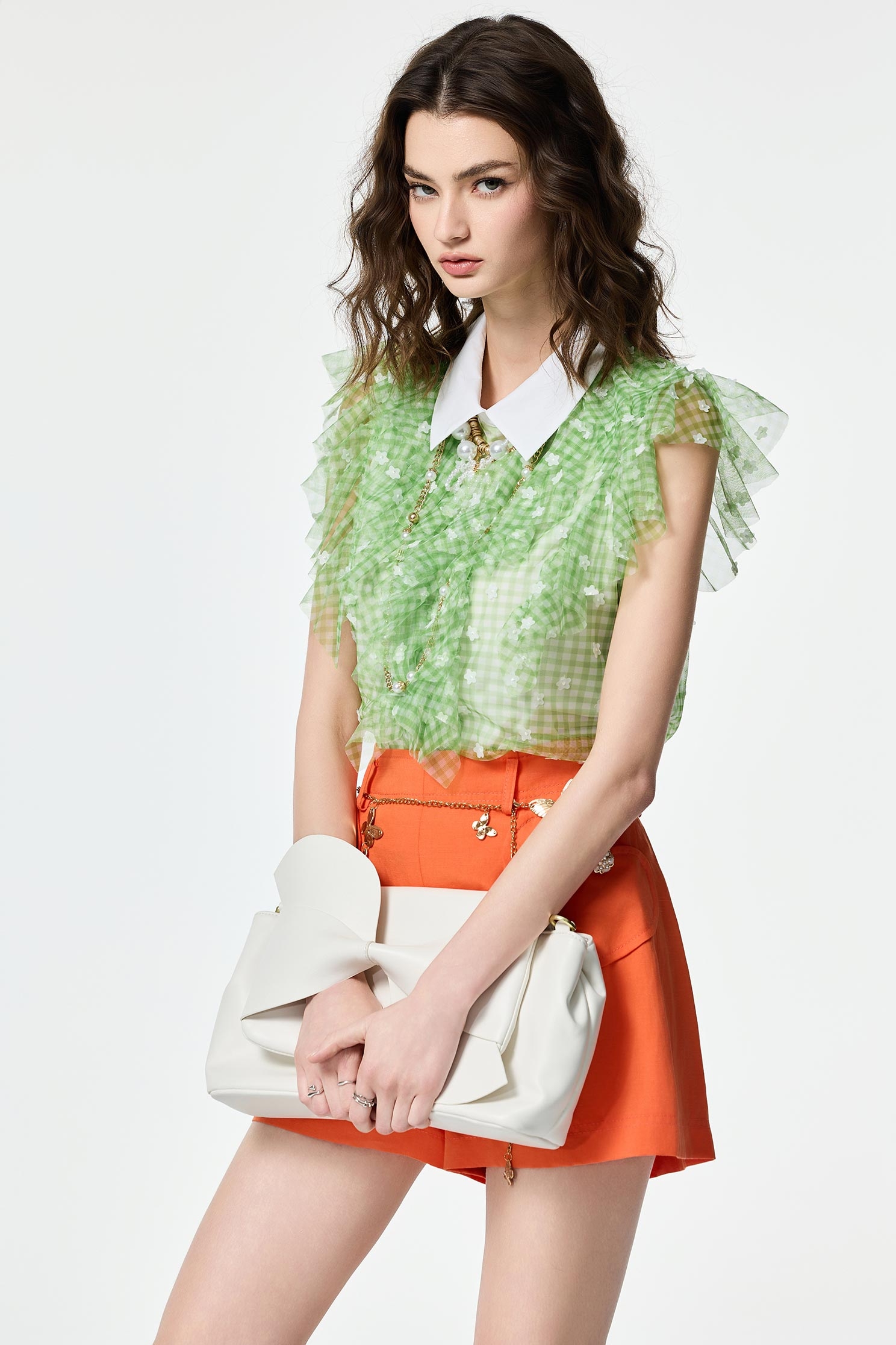 Contrast Floral Ruffle Detail Plaid VestContrast Floral Ruffle Detail Plaid Vest,Tops,Embroidered,Season (SS) Look,Plaid,City Feminine